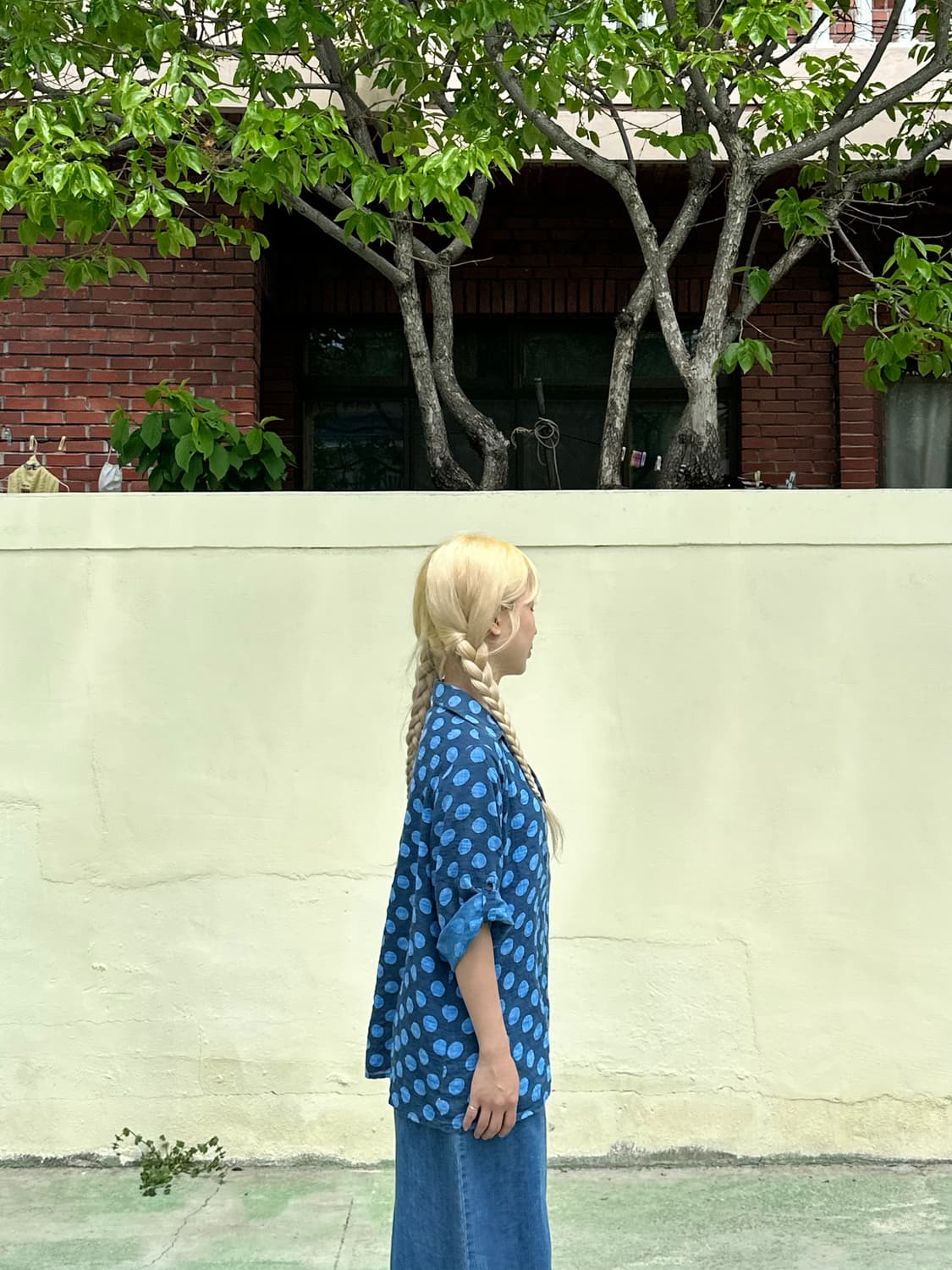 블루 도트 패턴 오픈 카라 셔츠 상품이미지2