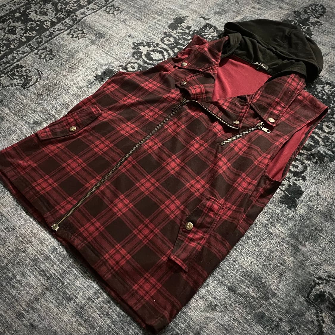 Red Check Punk Hoodie Vest 상품이미지3
