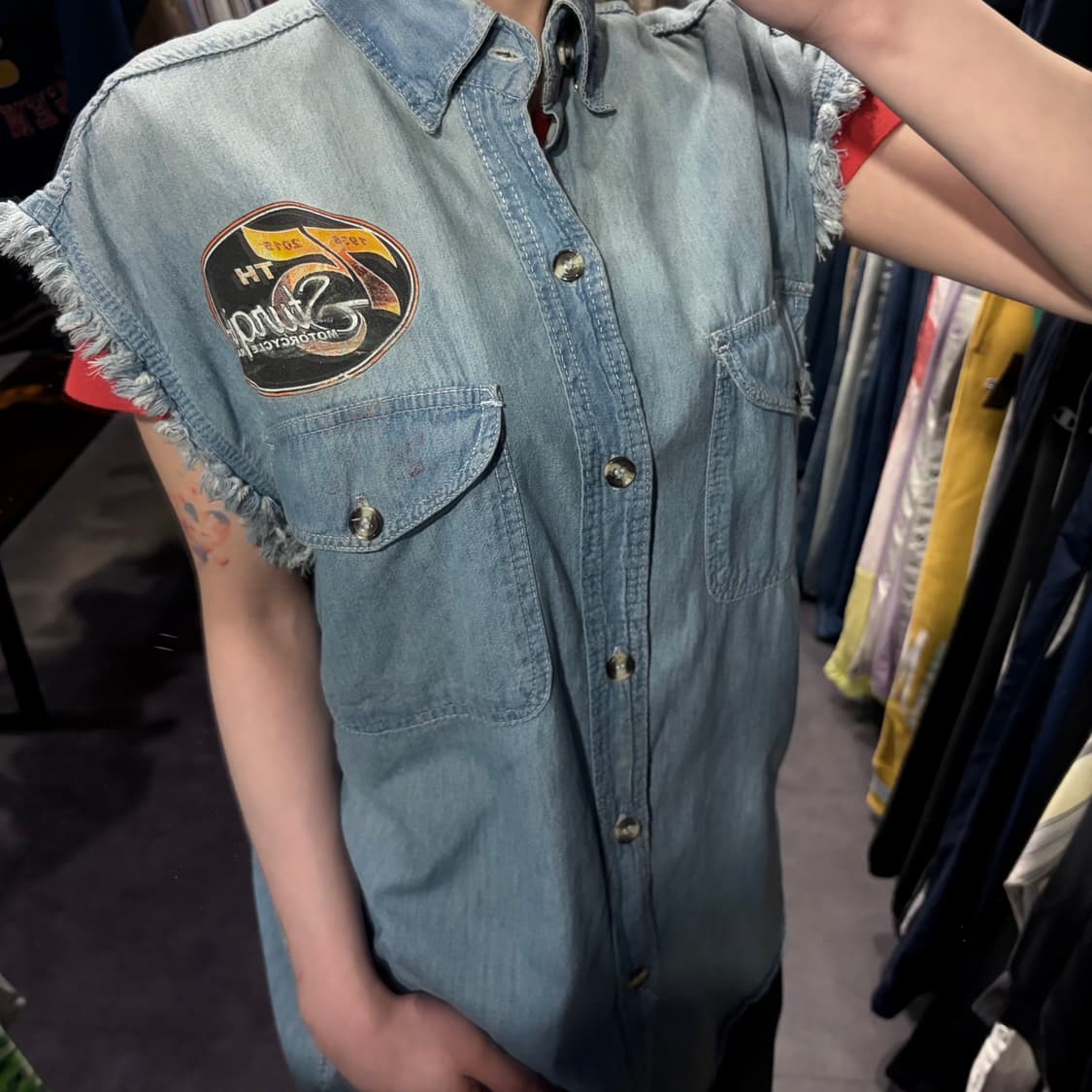[IM] vtg 이글 프린팅 컷오프 데님 셔츠 베스트 연청 상품이미지6