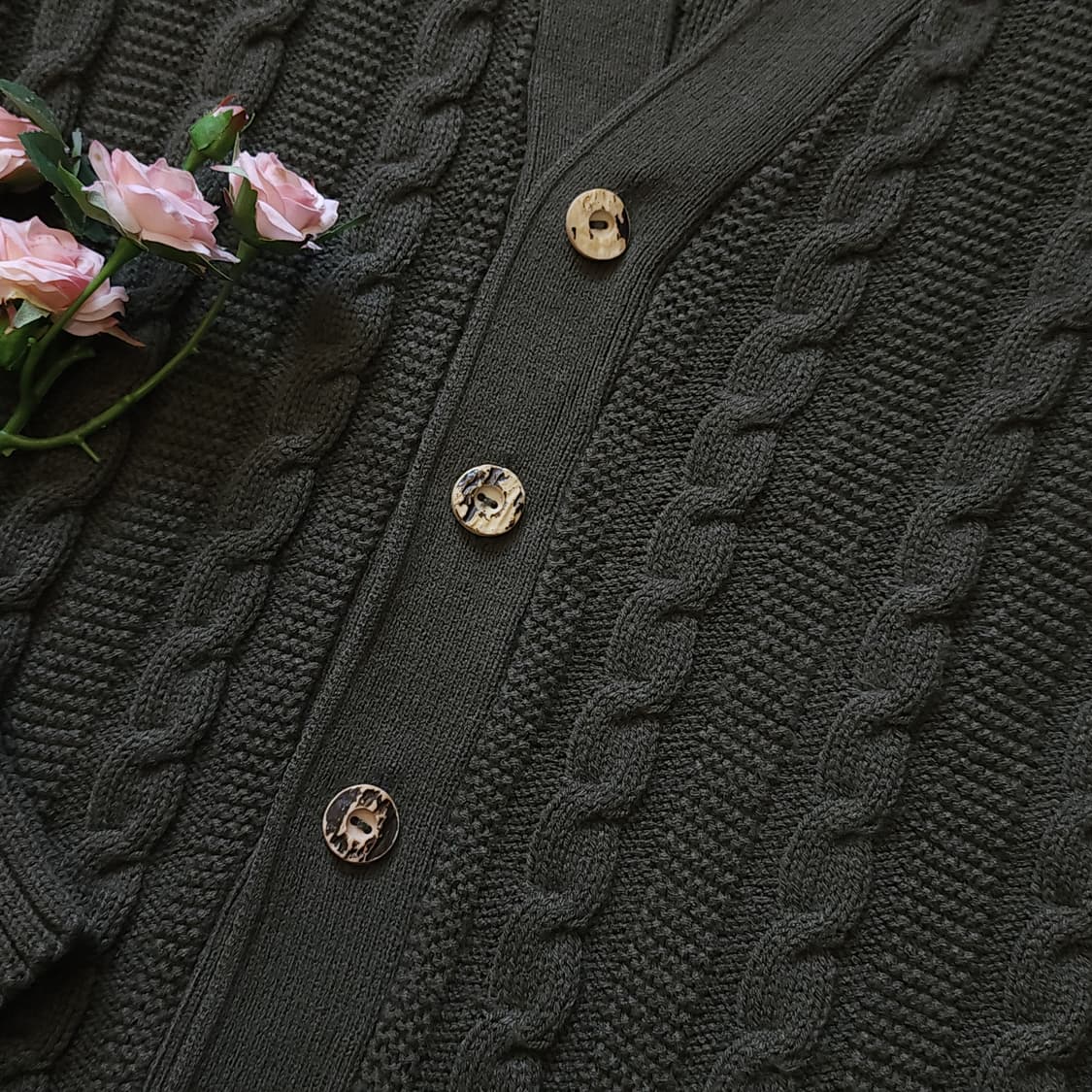 90s 프렌치 울 가디건 스웨터 케이블 버튼 가디건 그린 L 상품이미지7