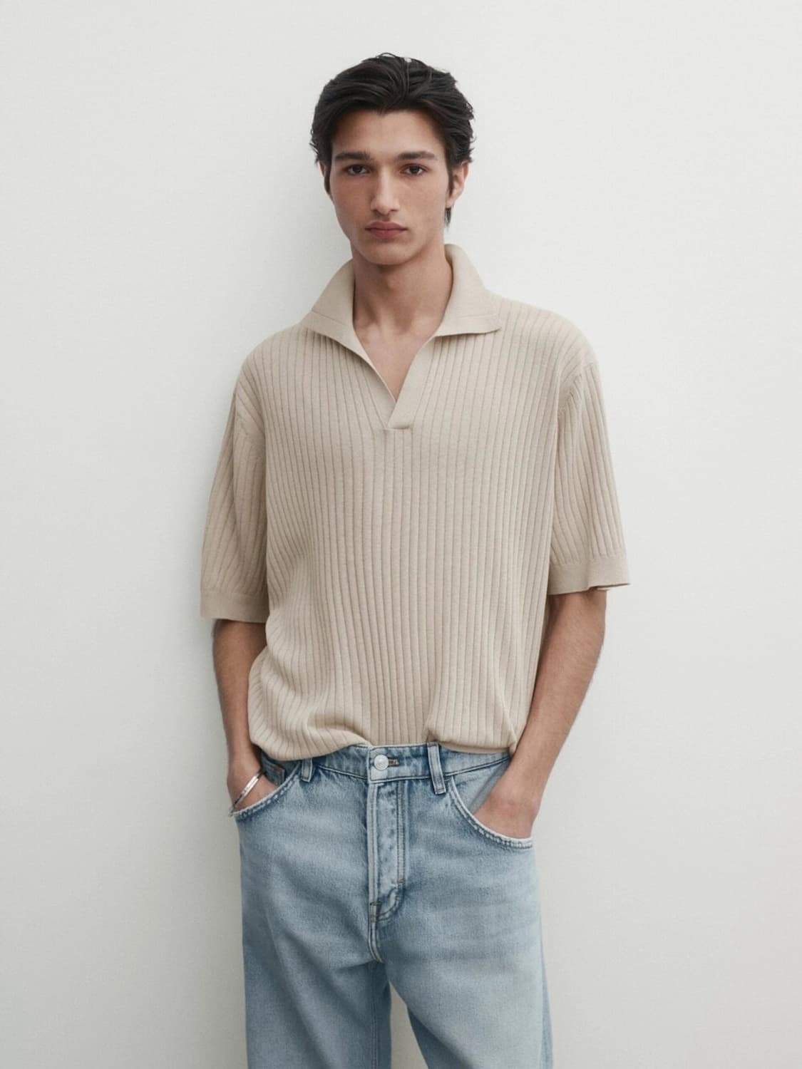 마시모두띠 / 리브드 니트 코튼 & 리넨 블렌드 폴로셔츠 베이지/XL 상품이미지2