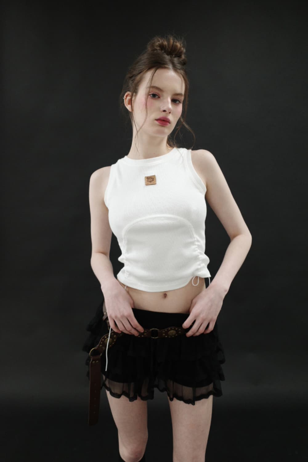 드라이로즈 터널 로고 슬리브리스 버터크림 옐로우레더와펜셔링스트랩홀터나시롤 상품이미지4