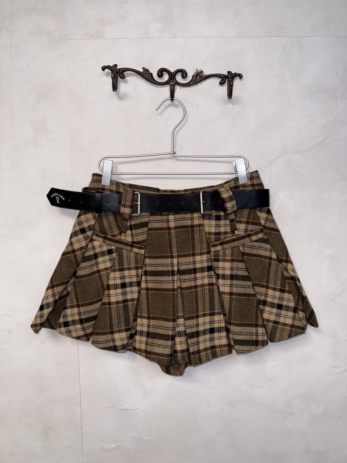 Brown check belted pleats skirt pants  상품이미지1
