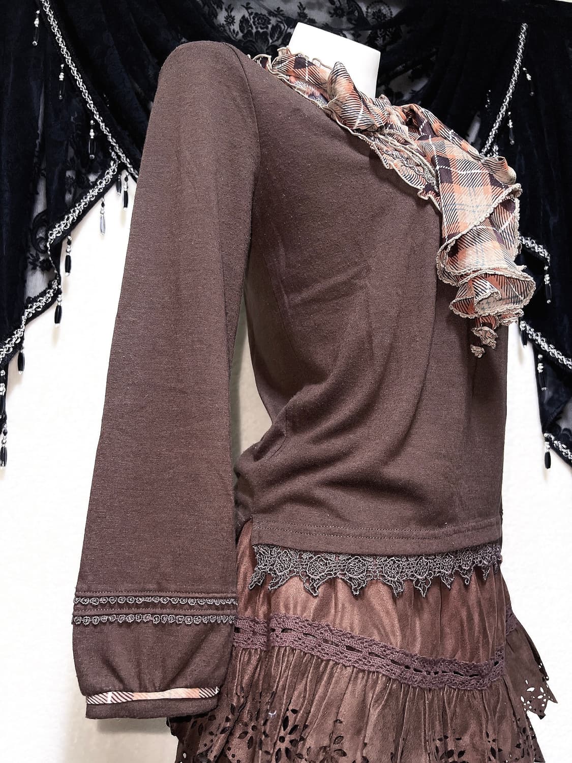 엑시즈팜 라떼갸루 로맨틱 체크 왕리본 레이스 로걀탑 핀터 공겜 너드 상품이미지5