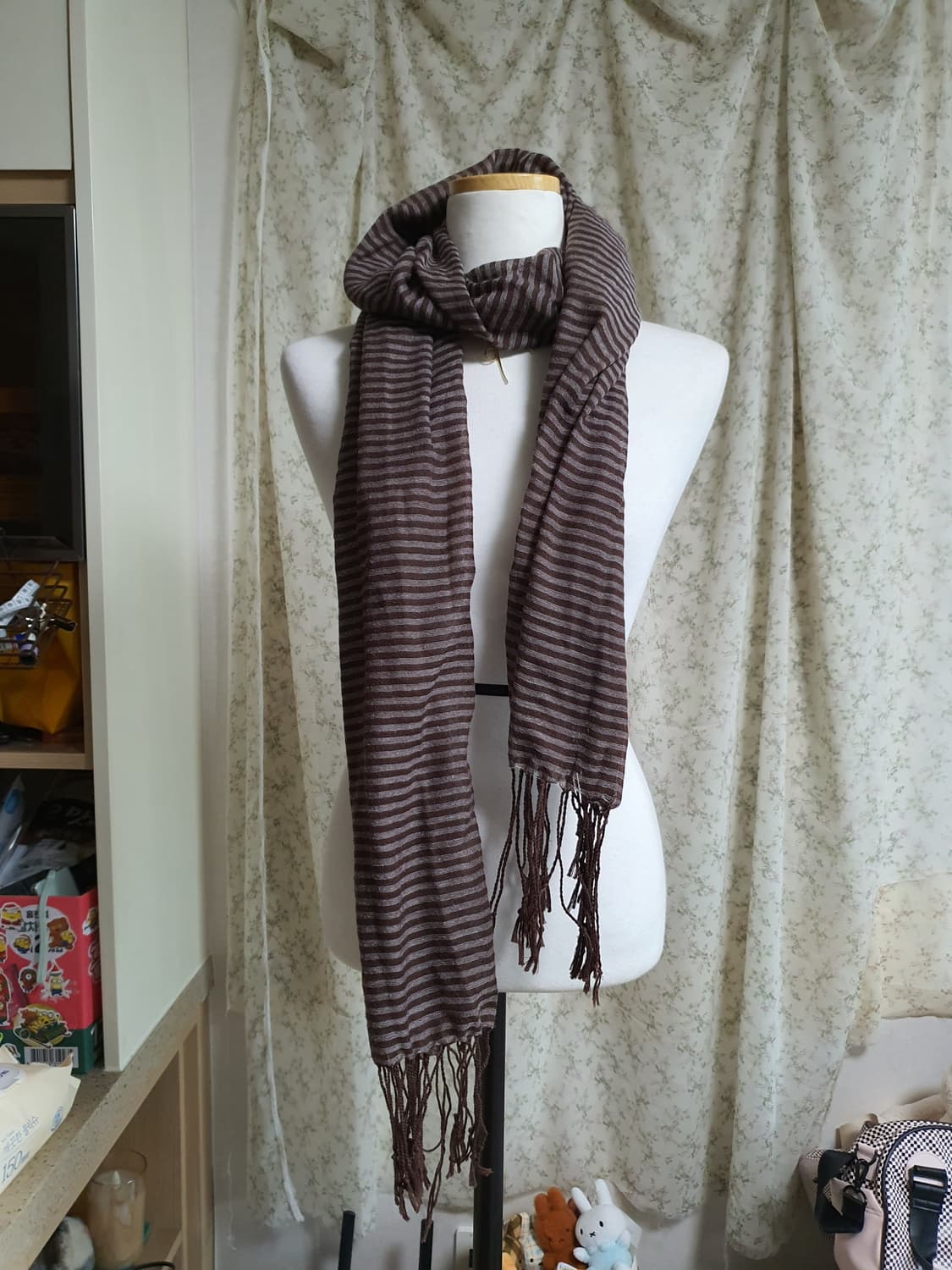 [모리걸] 봄여름 머플러 줄무늬 태슬 머플러 브라운 상품이미지1