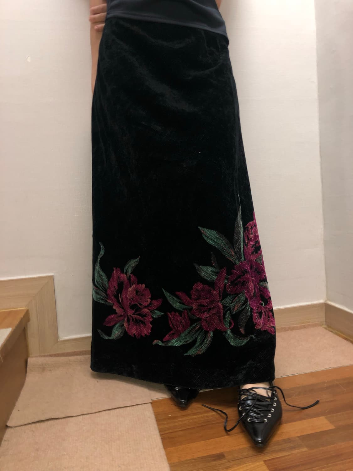 빈티지 블랙 오리엔탈 플라워 롱 스커트 상품이미지5