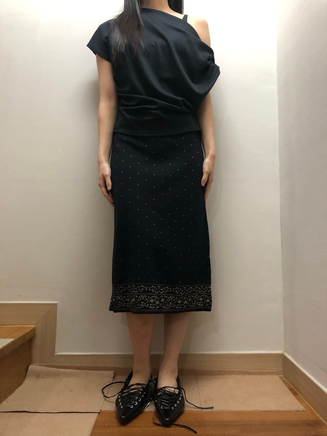 빈티지 블랙 오리엔탈 도트 미디 스커트 상품이미지3