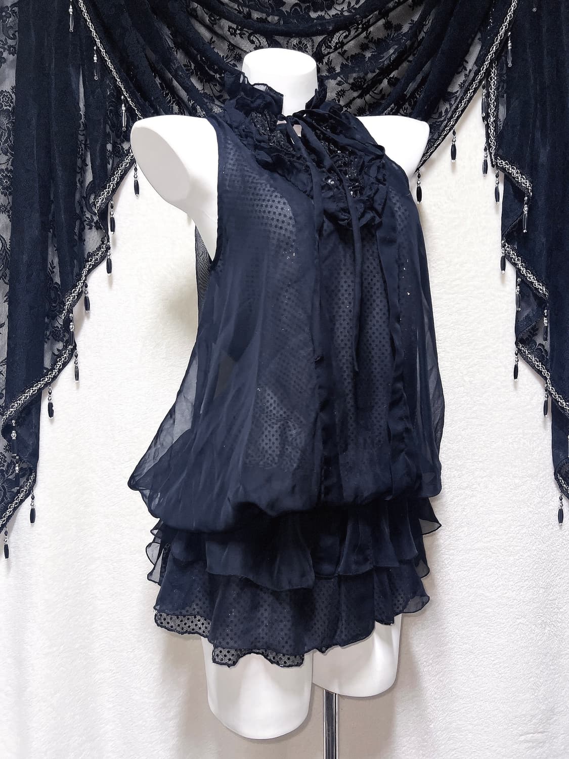 로맨틱고딕 고스로리 펑크 갸루 도트 프릴 쉬폰 캉캉원피스 공겜 핀터 히메 상품이미지6