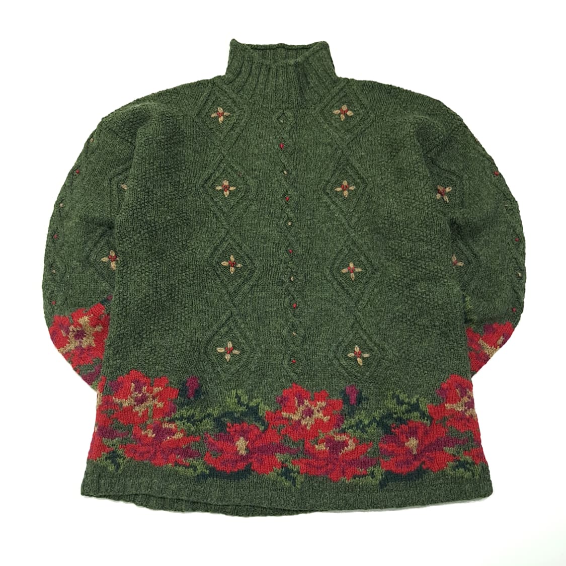 CL050 엘엘빈 퓨어울 울마크 플로럴인타르시아 그린 목넥 니트 스웨터 상품이미지1