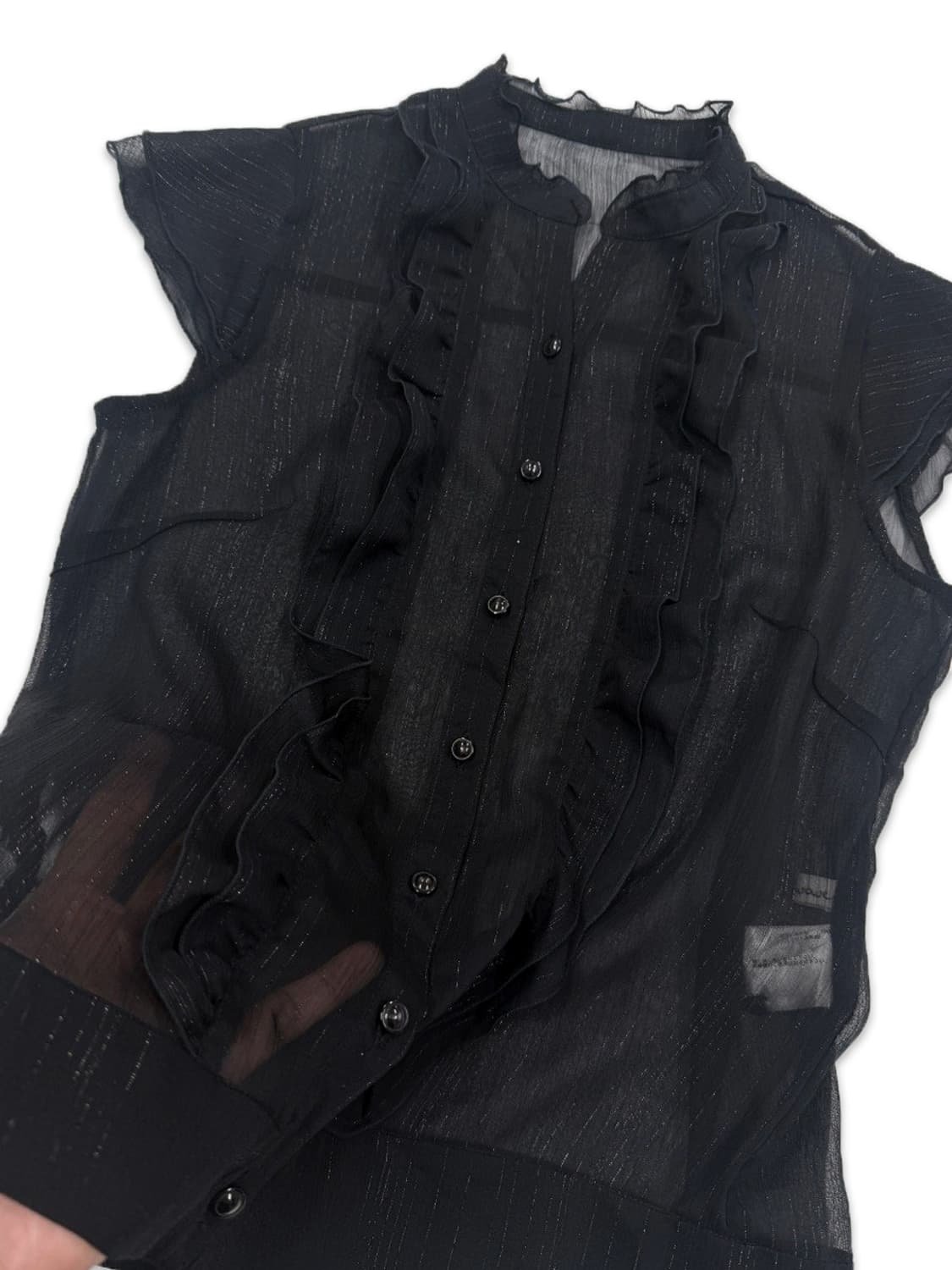 빈티지 블랙 시스루 프릴 반팔 블라우스 상품이미지4