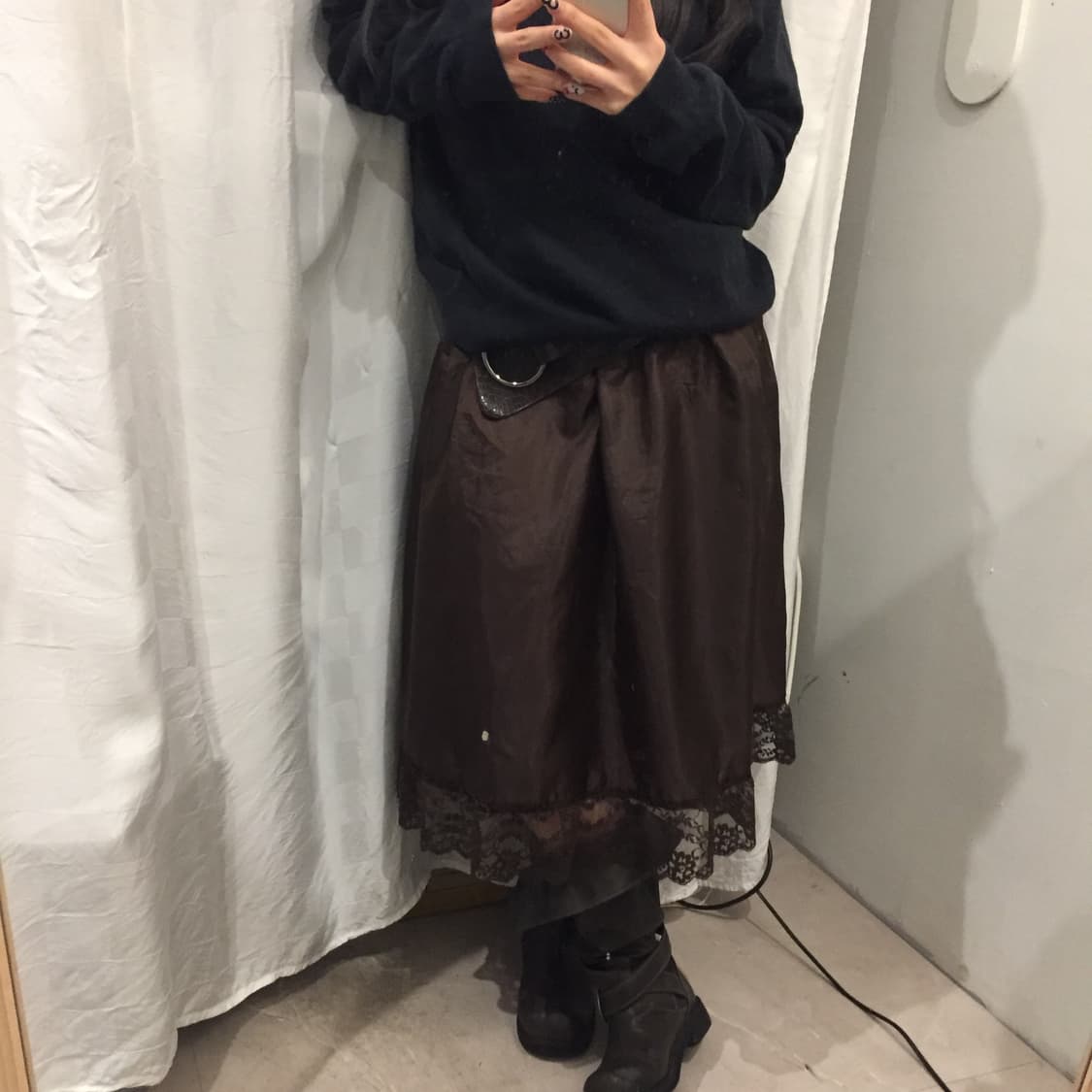 JPN Vintage 모리걸 갸루 브라운 새틴 레이스 슬립 스커트 상품이미지2