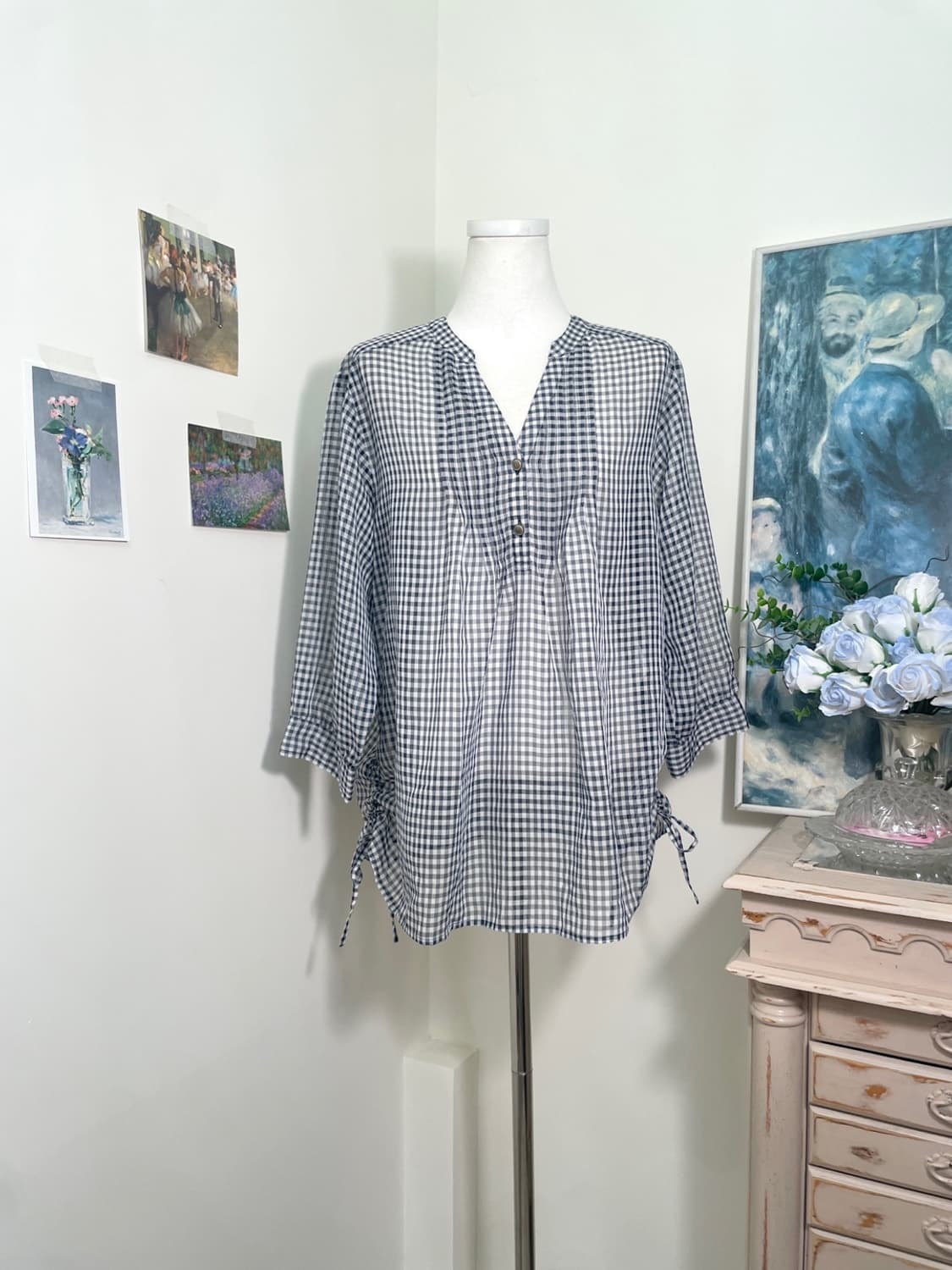 navy check side bow loose chiffon blouse 상품이미지1