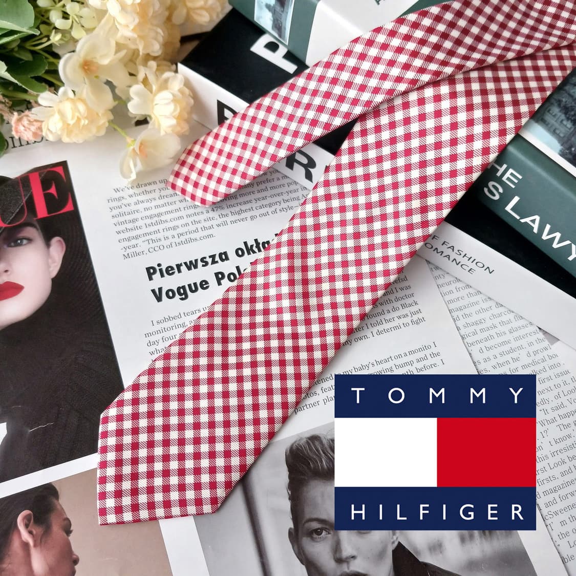 타미 힐피거 실크 레드 체크 패턴 넥타이 7cm A등급 E884 상품이미지2