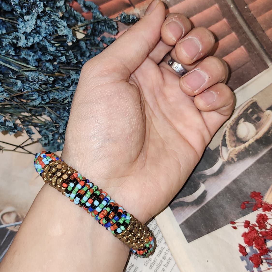 90s 프랑스 빈티지 팔찌 멀티 컬러 비즈 보헤미안 스타일 와이어 팔찌 상품이미지6