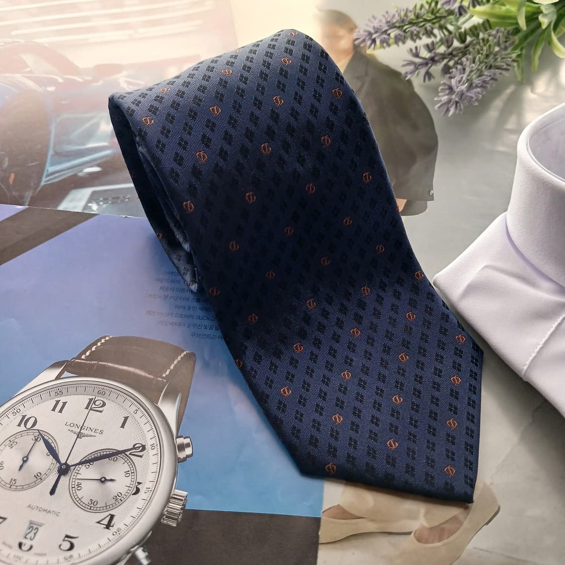 듀퐁 실크 네이비 로고 패턴 슬림 넥타이 7.8cm A+등급 A18663 상품이미지2