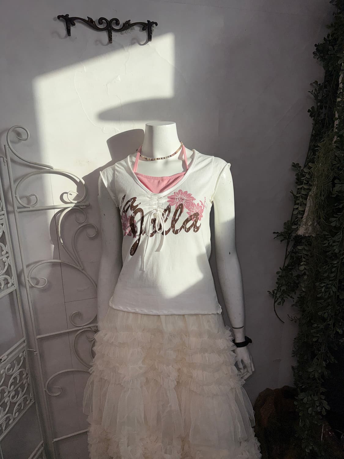 Pink brown lettering halter layer half t 상품이미지7