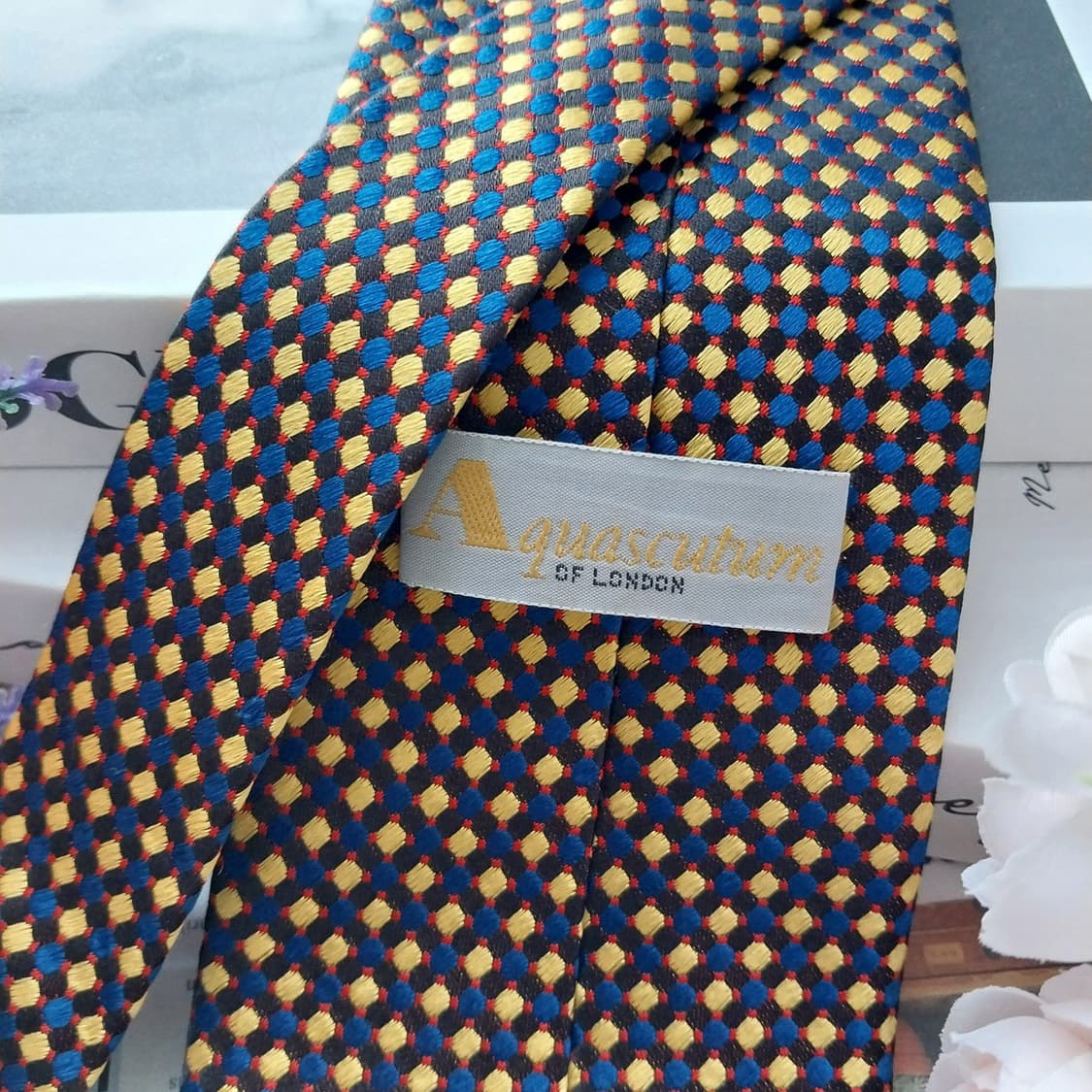 아쿠아스큐텀 실크 네이비 체크 도트 넥타이 9.3cm A+등급 K1215 상품이미지5