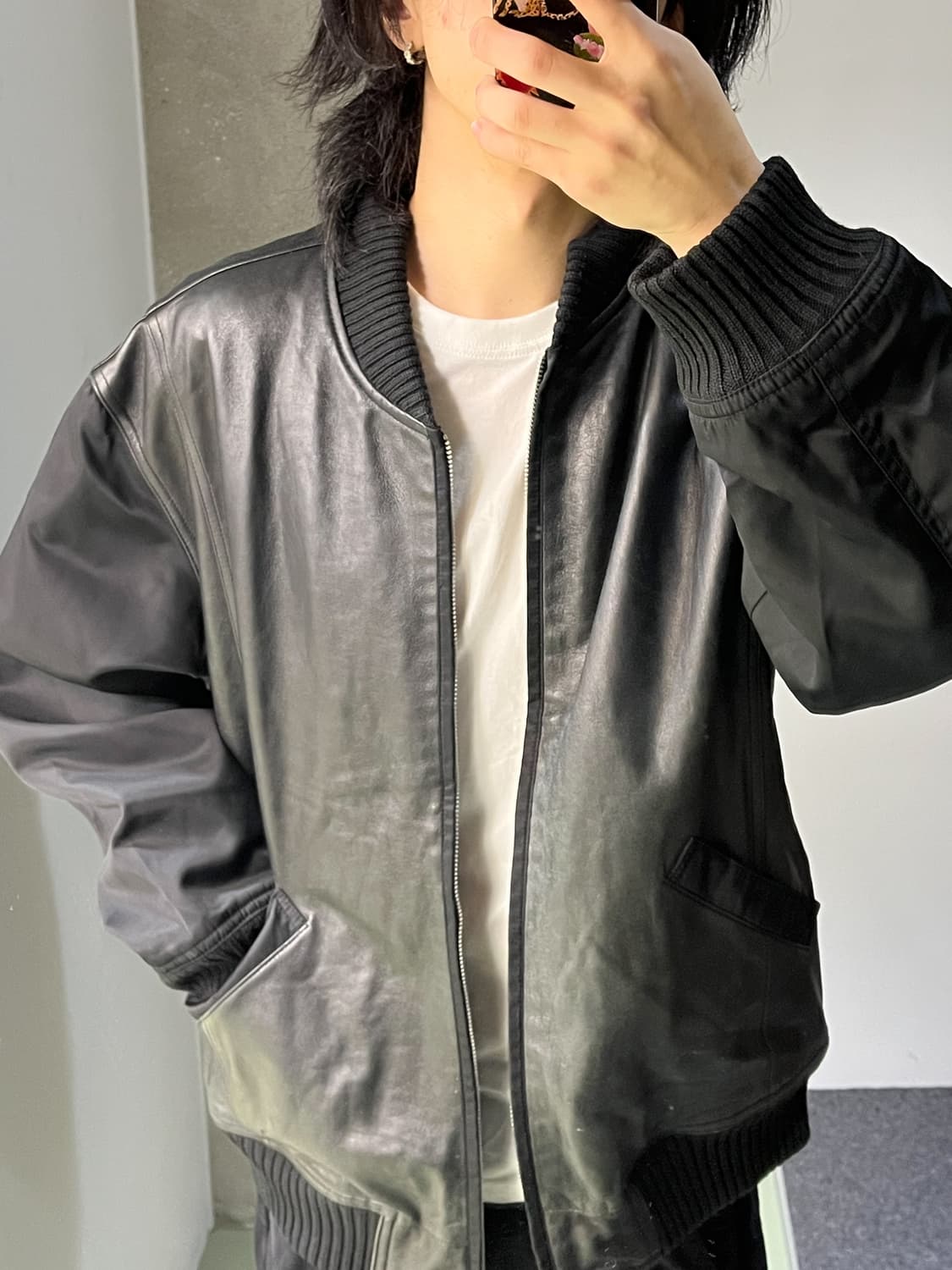 Vaziie 스포츠 카우보이 베어 나일론/레더 램스킨 레더 자켓 상품이미지3