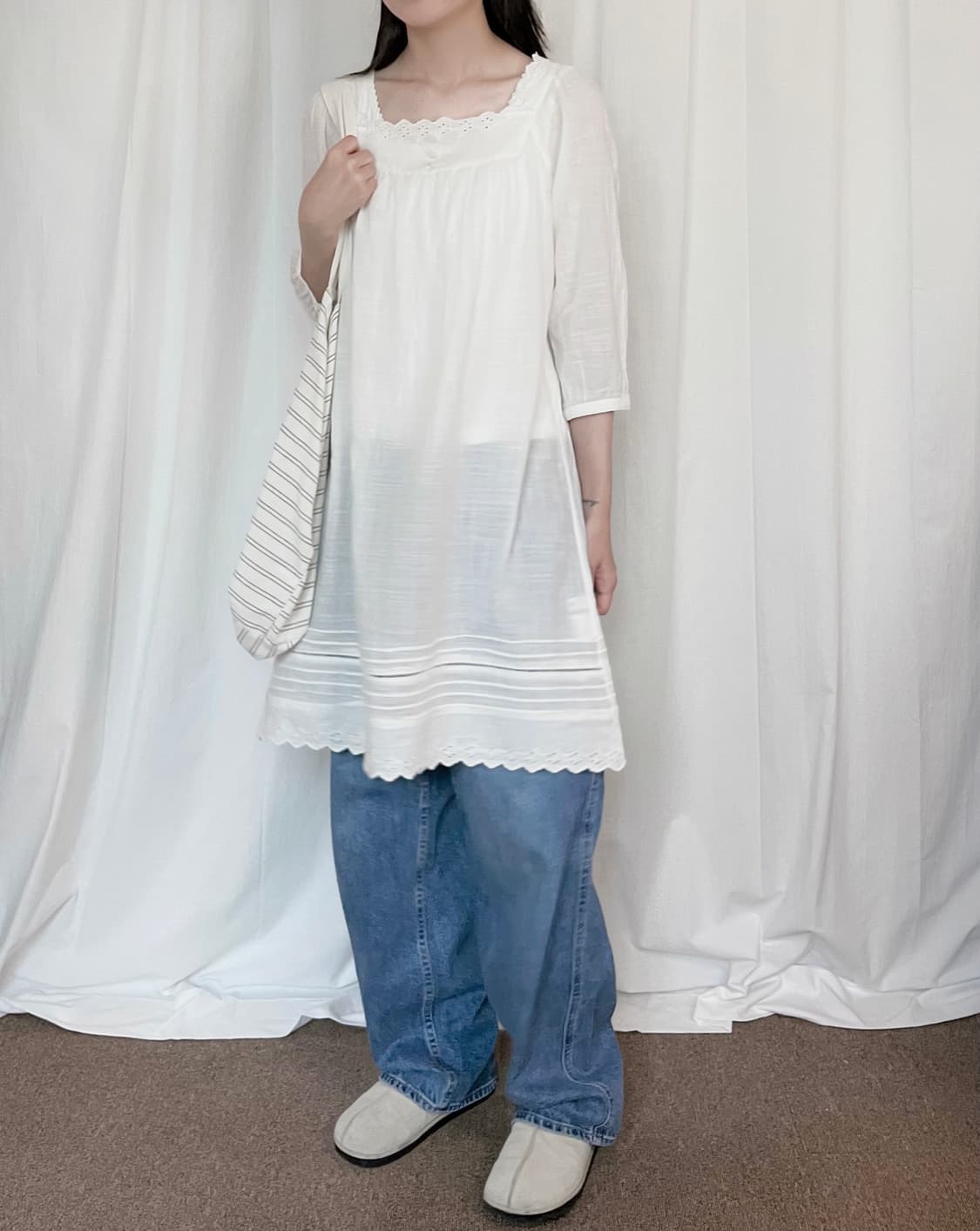Square Neck Cotton Lace Blouse - White 상품이미지4