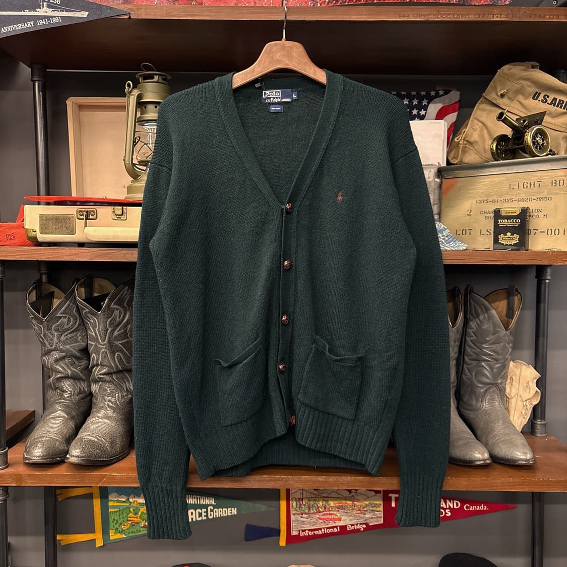 80s 폴로 랄프로렌 브이넥 퓨어울 니트 가디건 딥그린 N991 상품이미지1