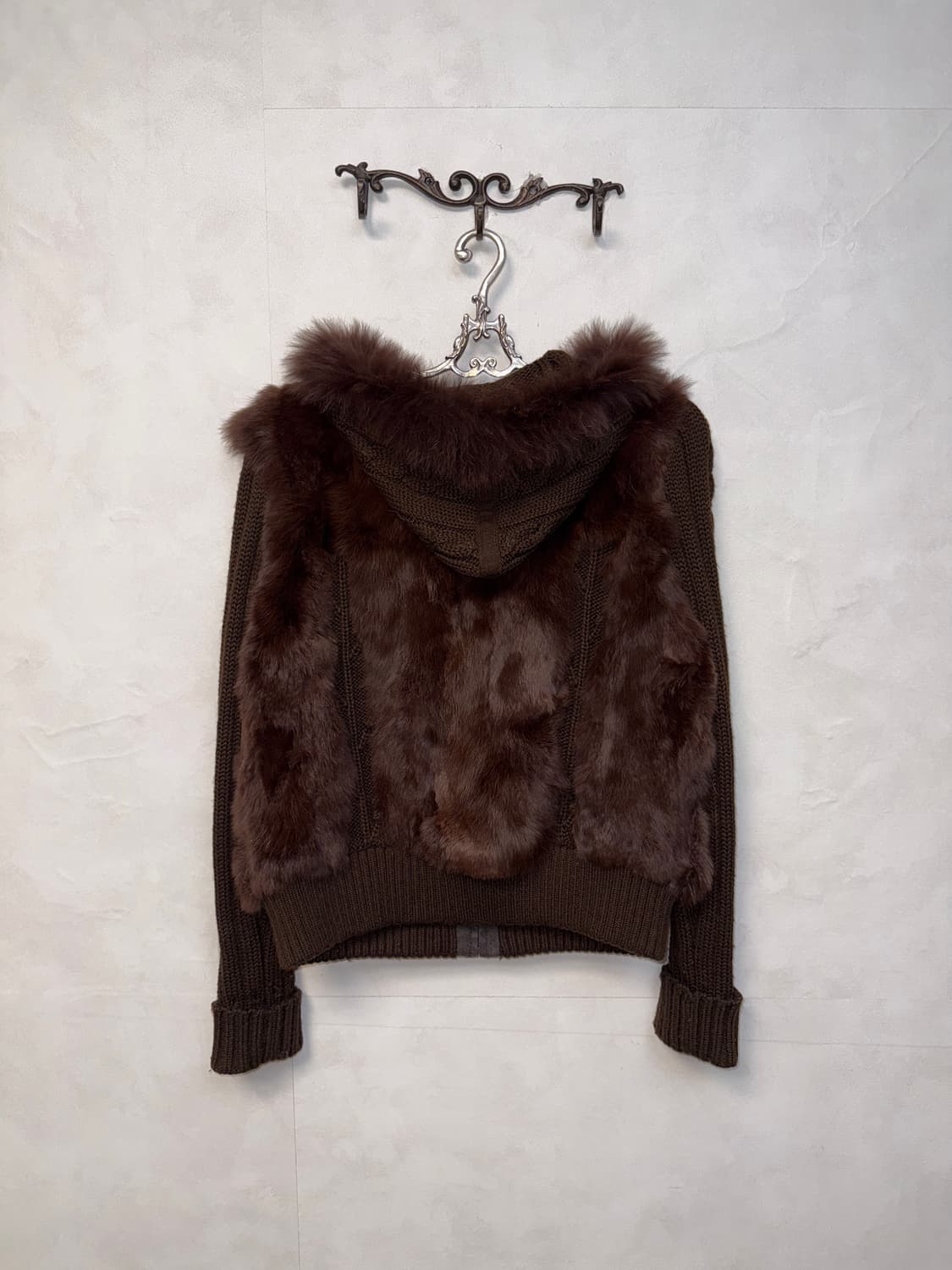 Dark brown rabbit&fox fur knit 후드집업 상품이미지3