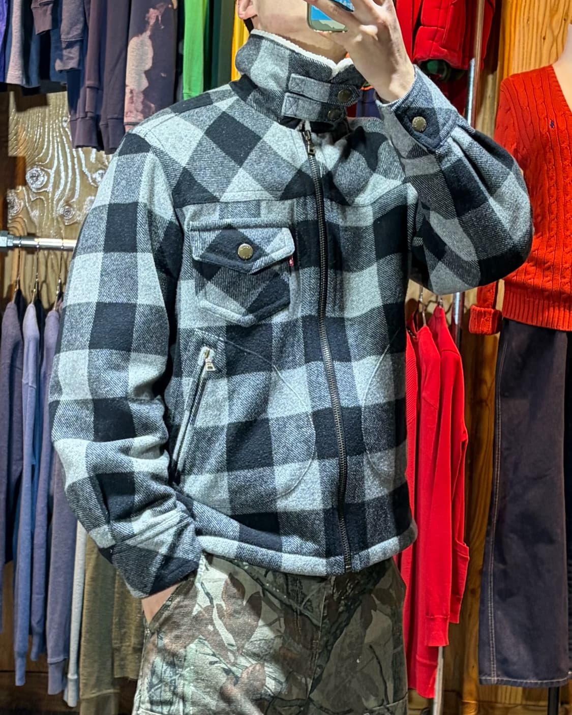L 리바이스 버튼카라 원포켓 체크 쉐르파 울 자켓 상품이미지2