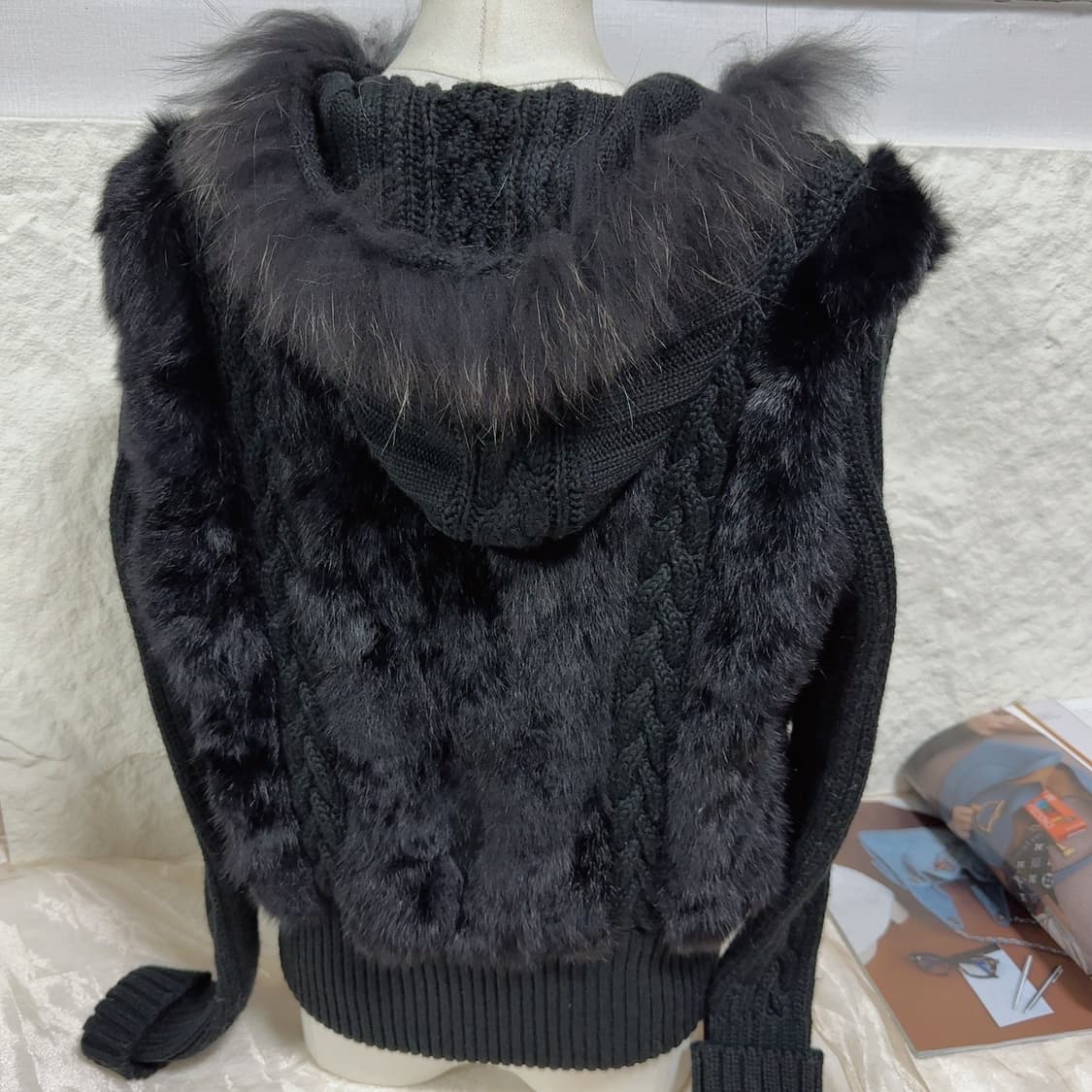 빈티지 먹색 여우털 후드 토끼털 꽈배기 니트자켓 후드집업 상품이미지4