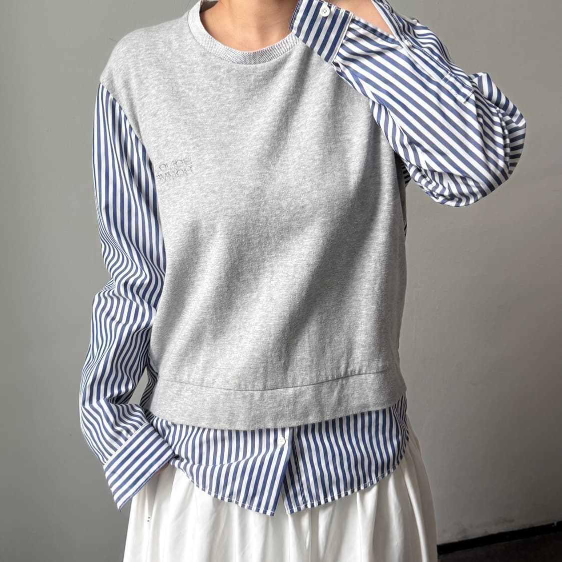 [46] 솔리드옴므 스트라이프셔츠 레이어드 맨투맨 상품이미지1