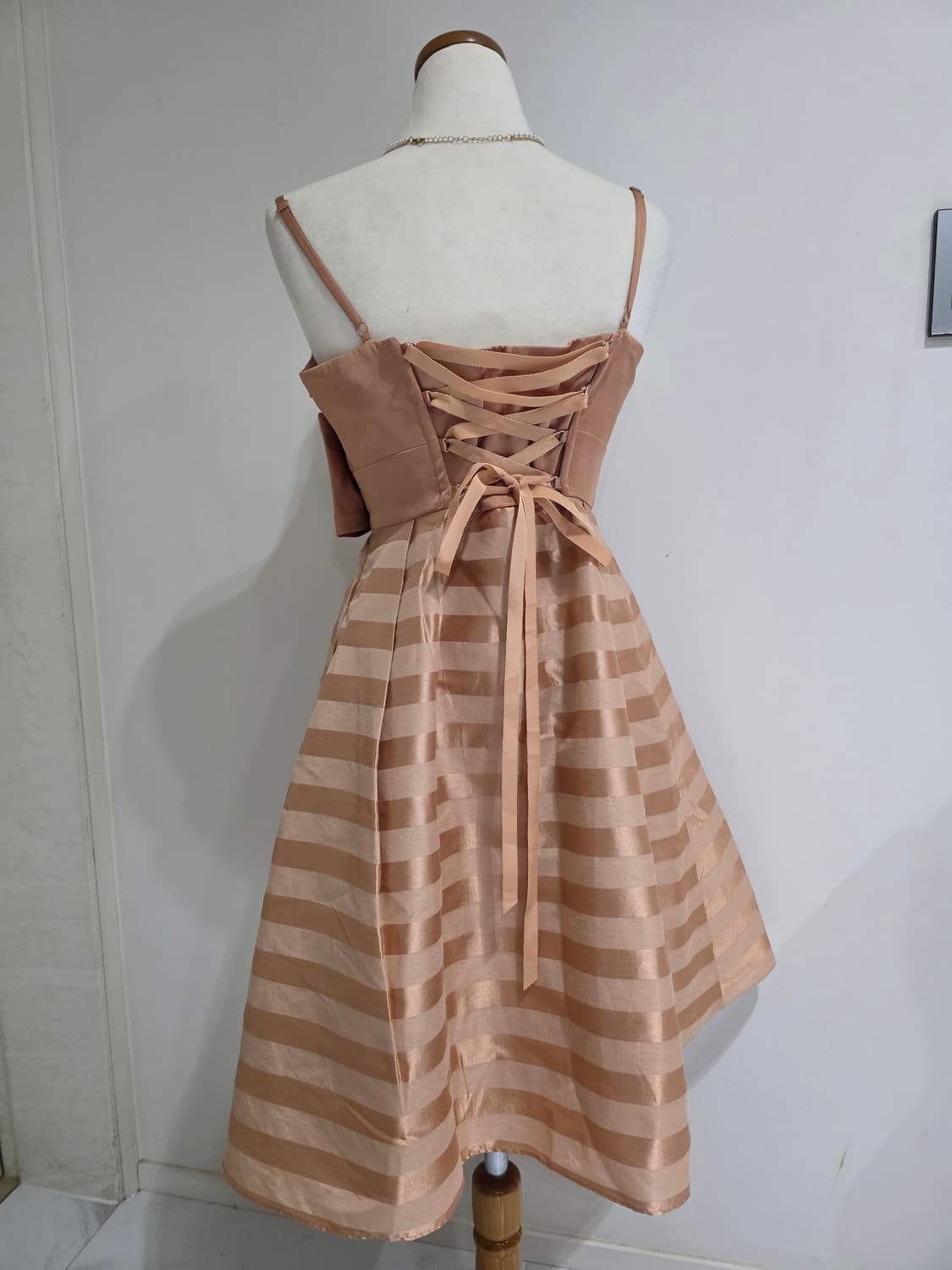 일본빈티지)빅리본 골드오렌지브라운 스트라이프 코르셋 새틴파티걸드레스 상품이미지2