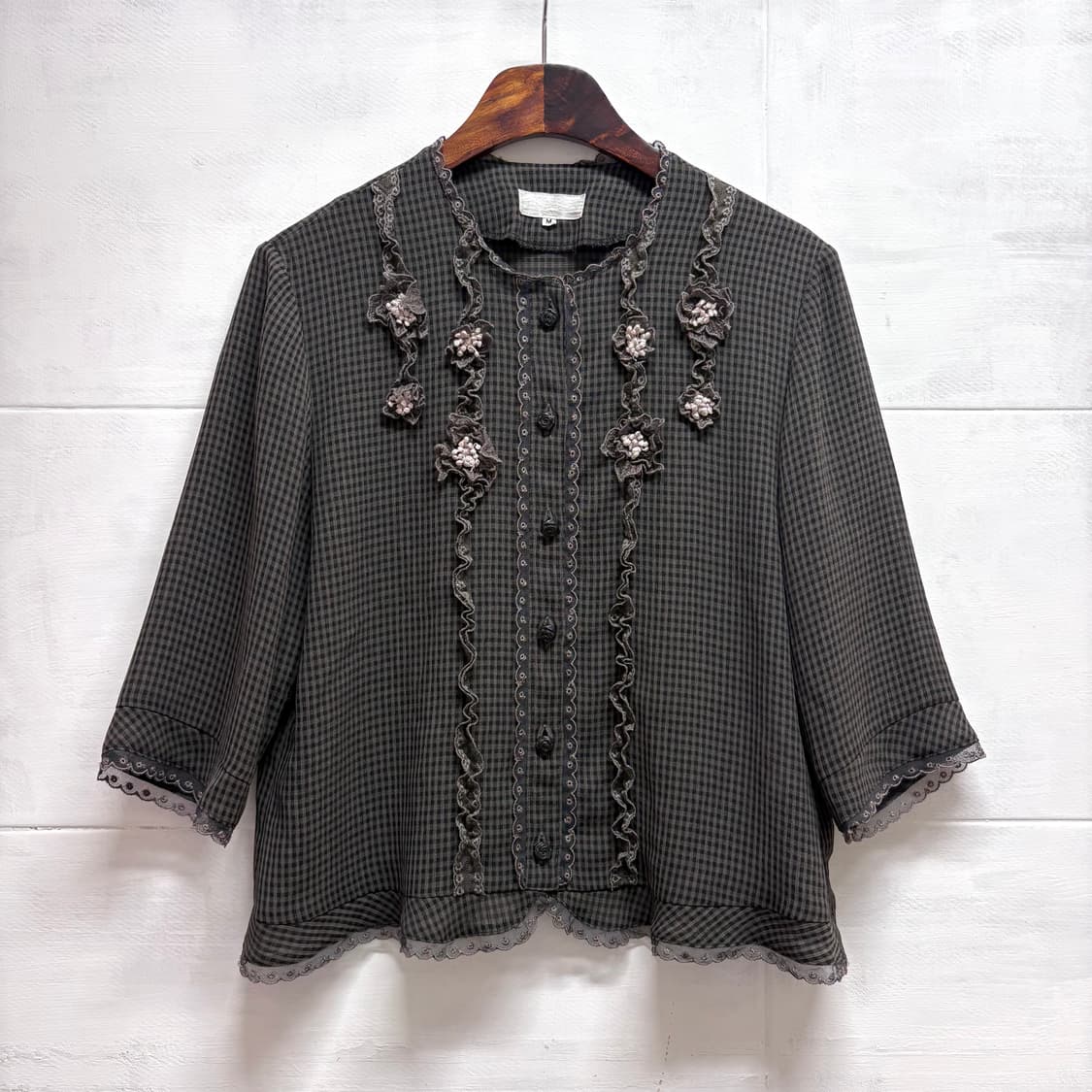 시스루 레이스 플라워 하구미 모리걸 체크 블라우스 M  JPN 상품이미지1