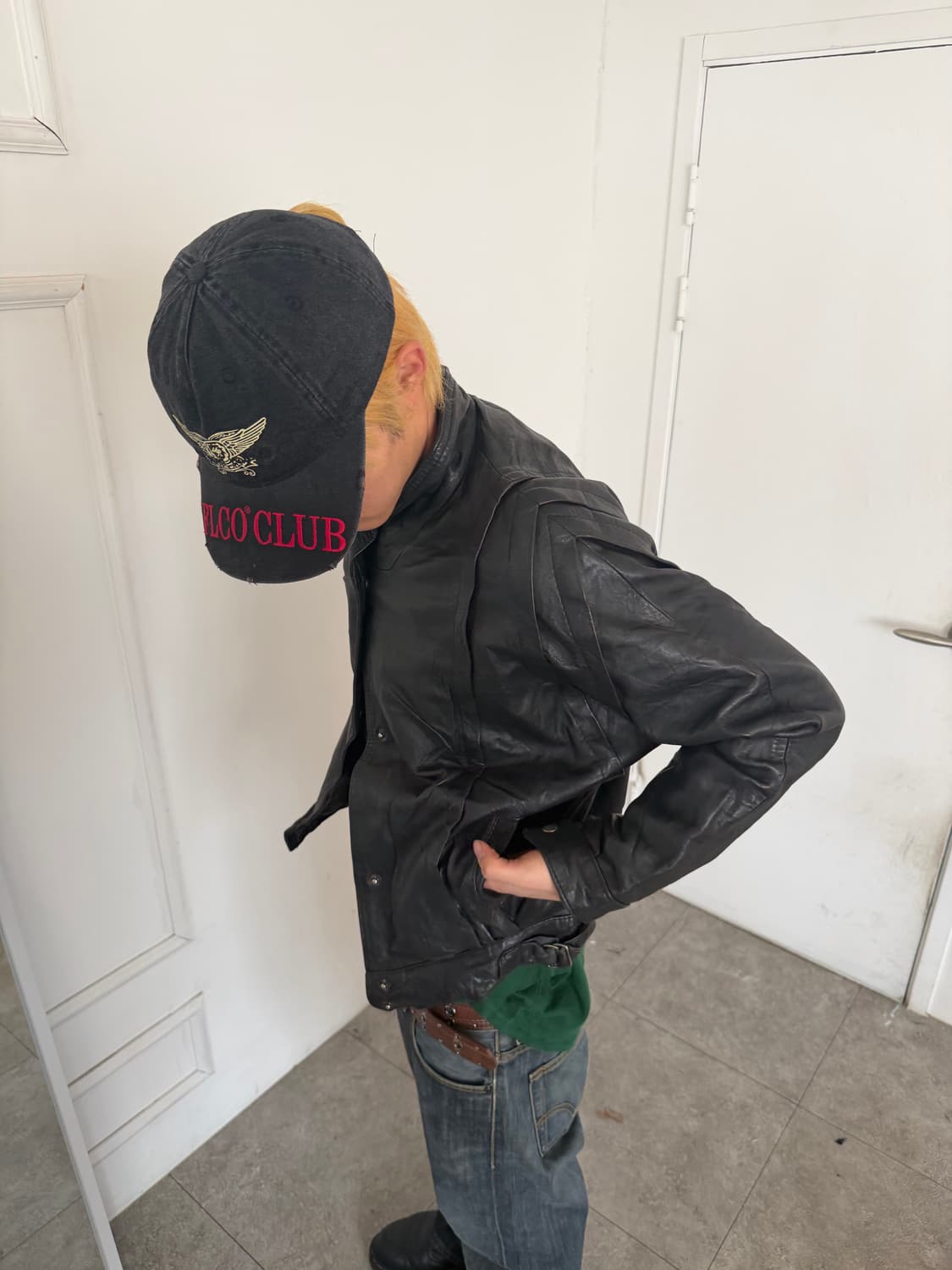 하이넥 버튼 포인트 블루종 레더 자켓 상품이미지5