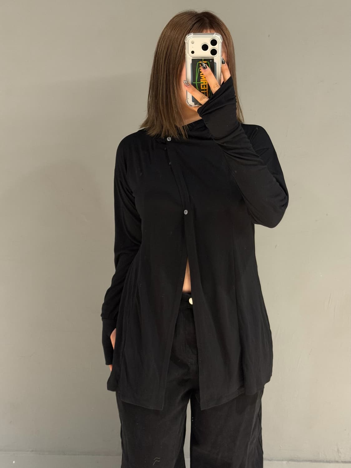 mesh layered hand-warmer hood cardigan 상품이미지2