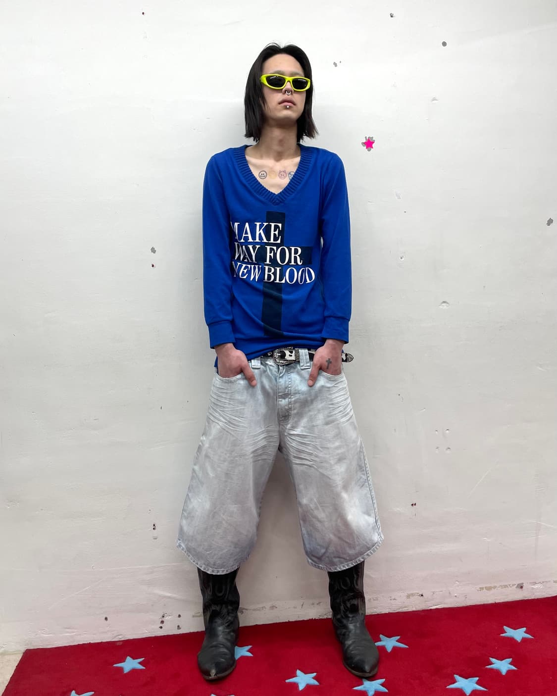 cross-blue V-neck knitwear  상품이미지4