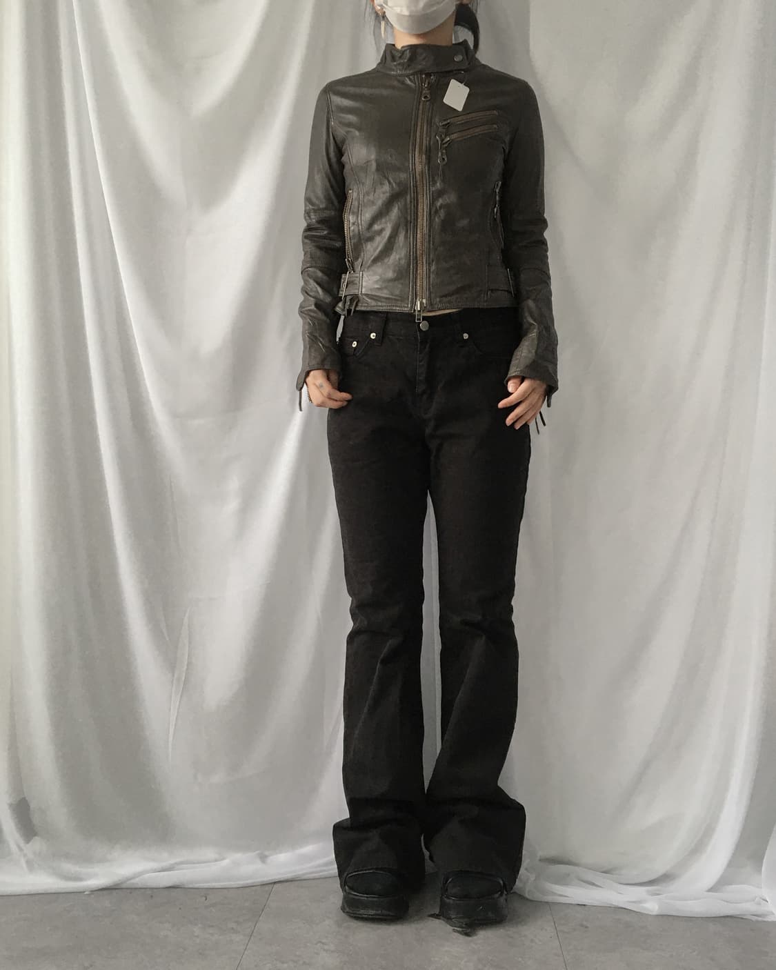 Belted high neck leather jacket 상품이미지1