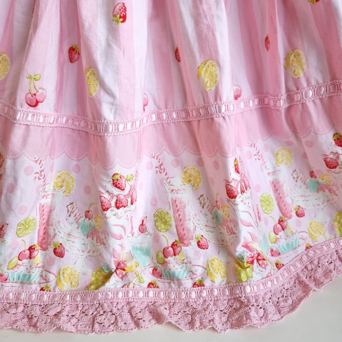 핑크 스트라이프 과일 패턴 레이스 스커트 상품이미지2