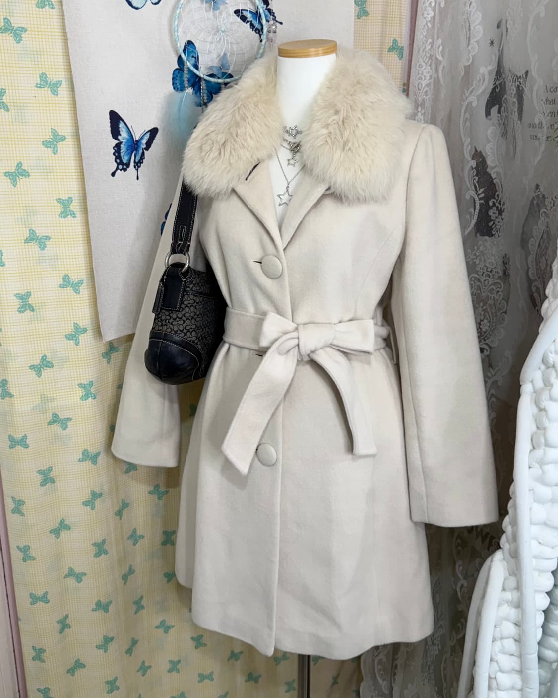 아이보리 앙고라 & 폭스퍼 롱 코트 상품이미지4