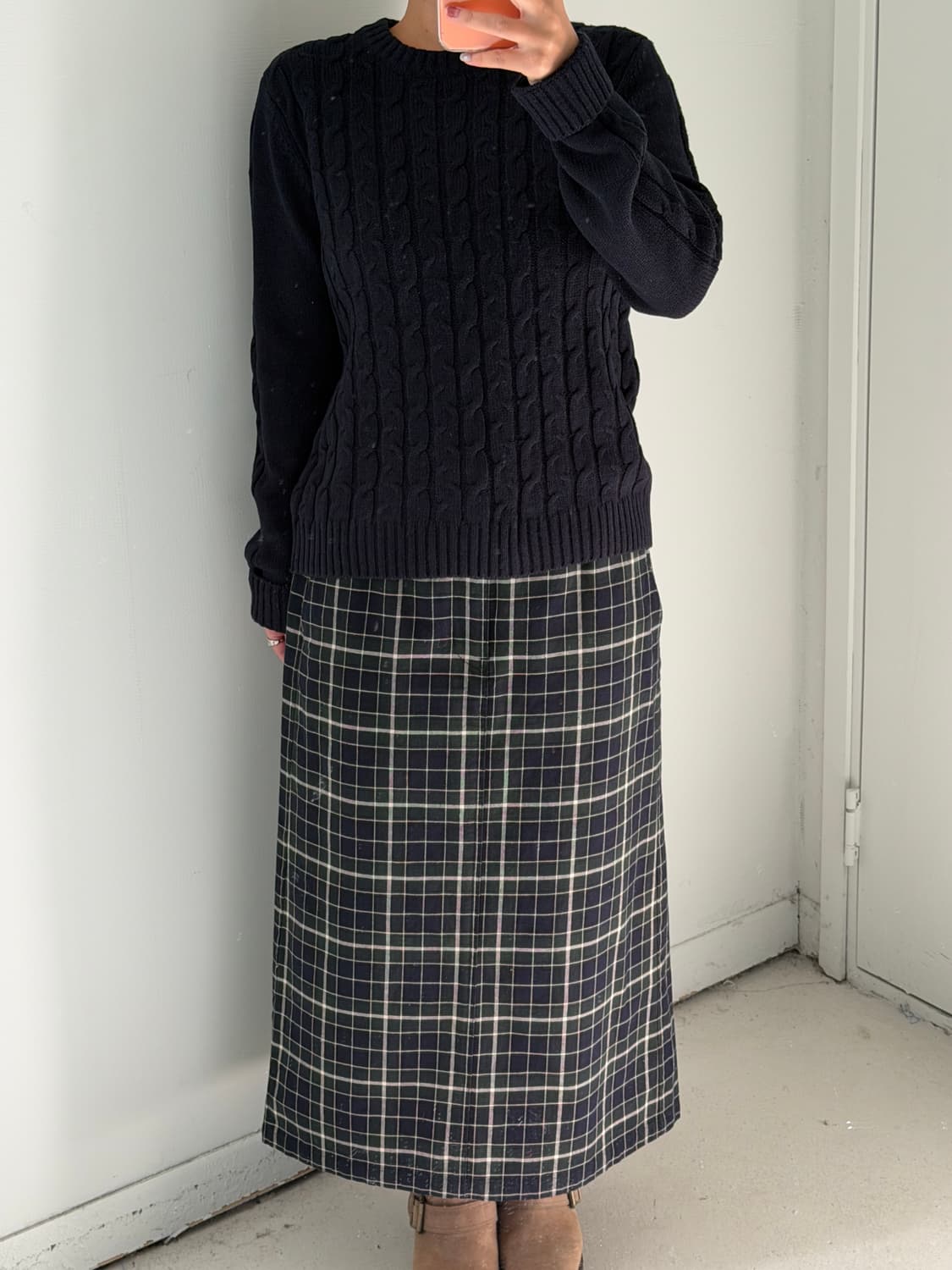 일본빈티지 그린네이비 체크 롱스커트  상품이미지5