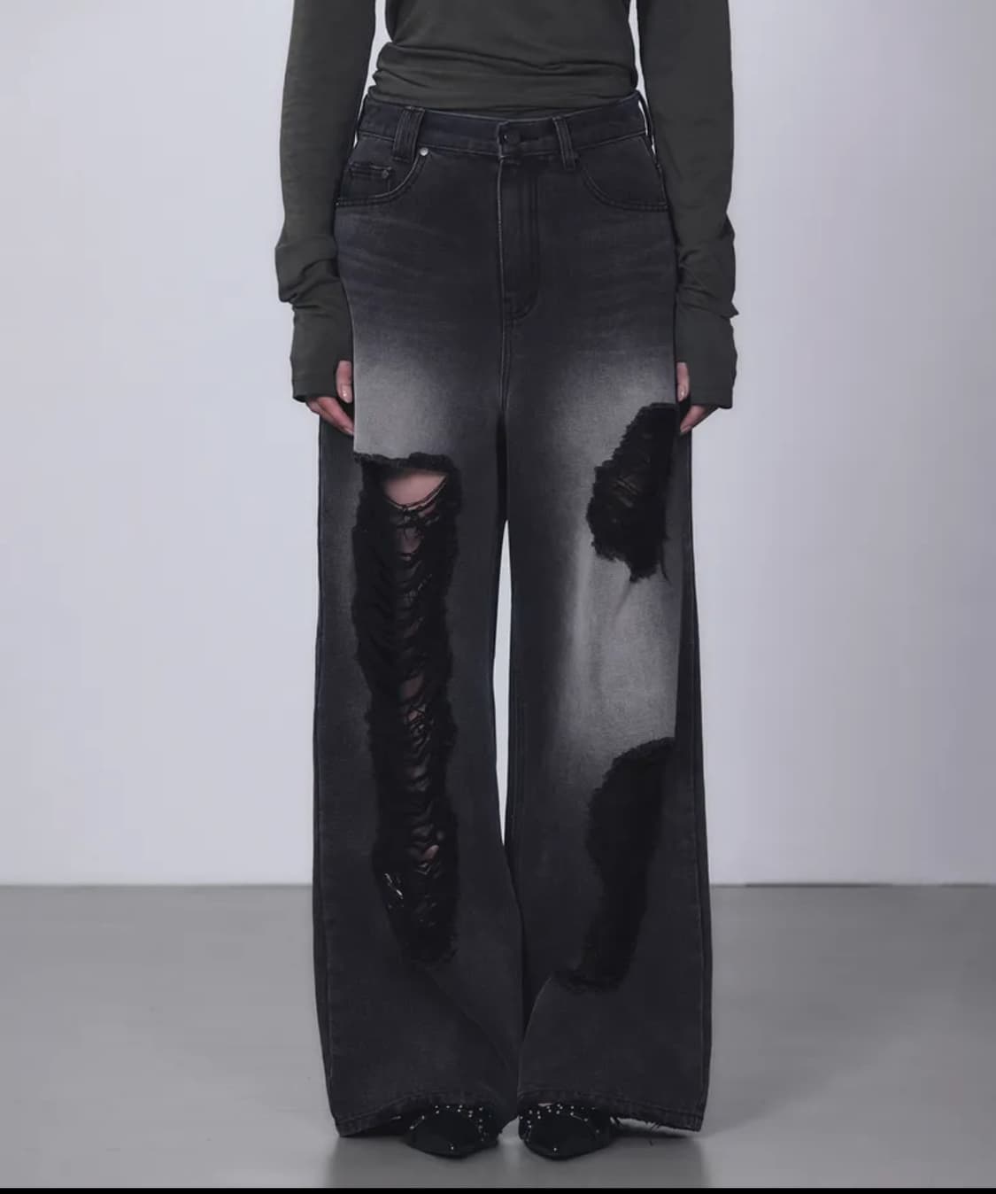 스크래치 데미지 데님 팬츠 블랙 상품이미지1