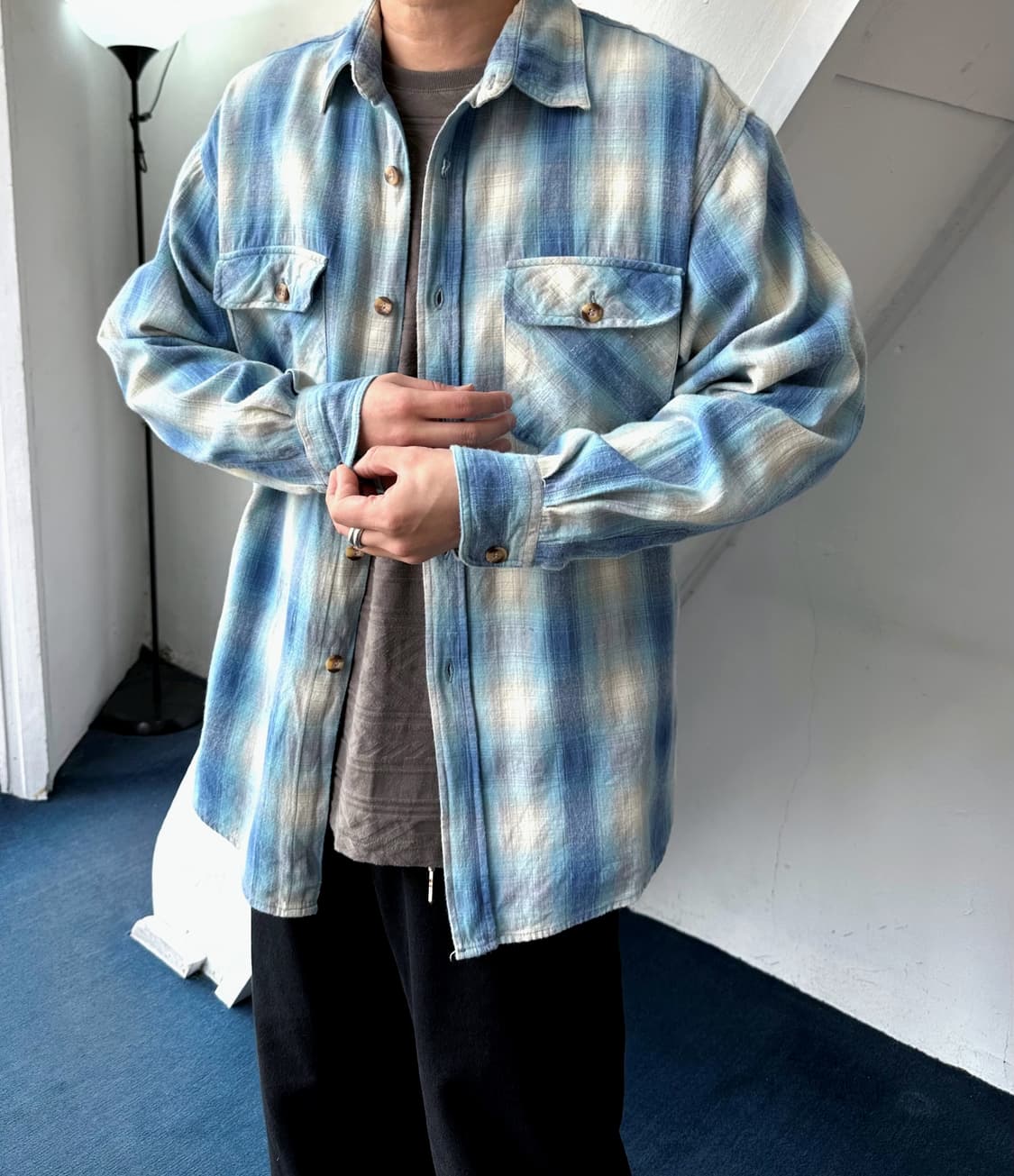 Cotton woven nel check wide shirt 상품이미지2