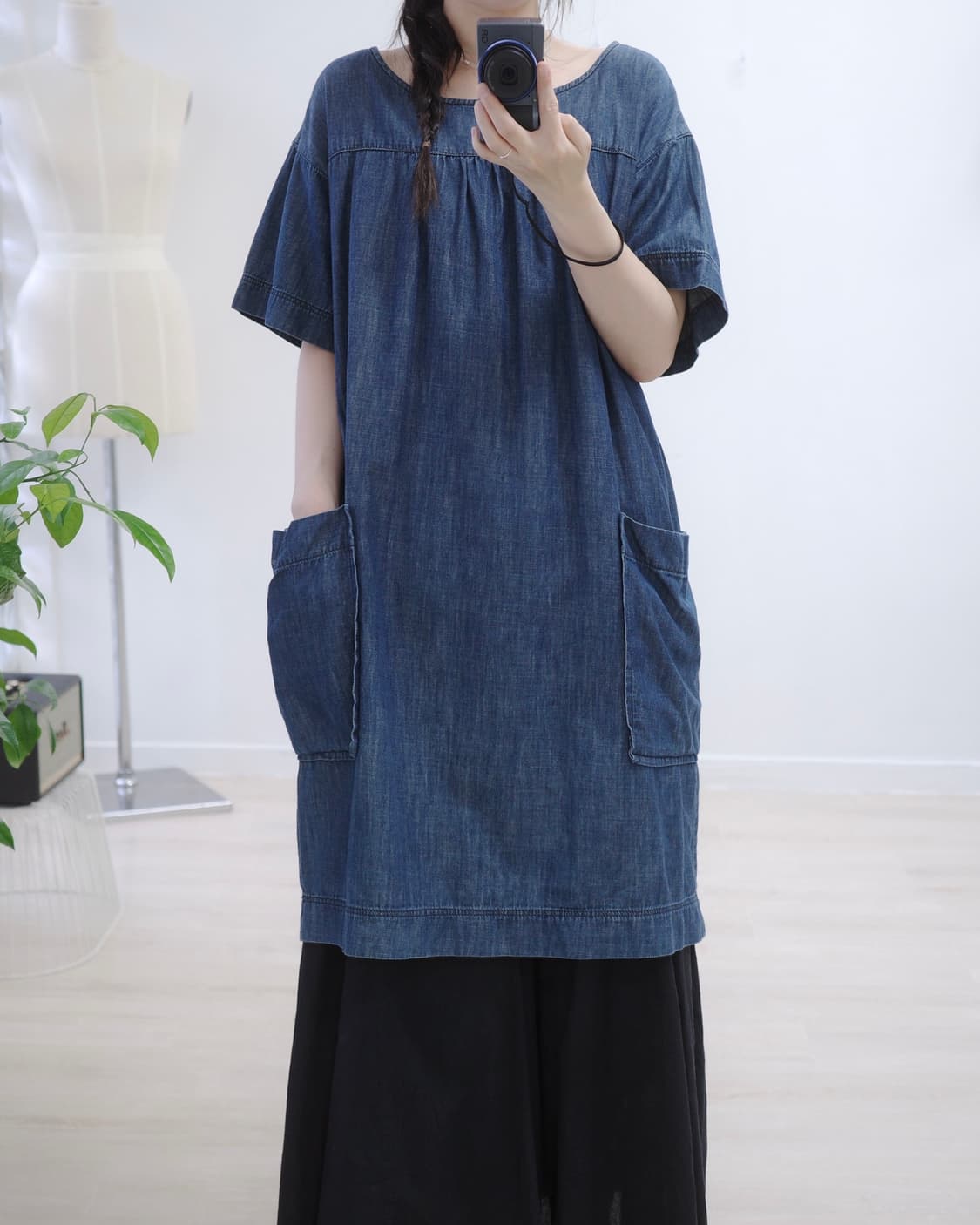 Cotton demin wood button one-piece 상품이미지5