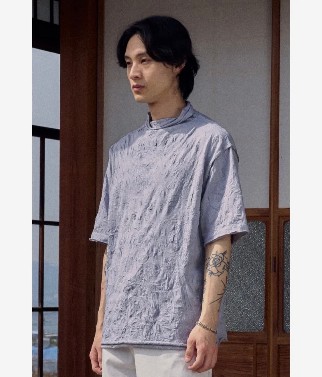 Creased Mock-neck T-shirt - Light grey 상품이미지3