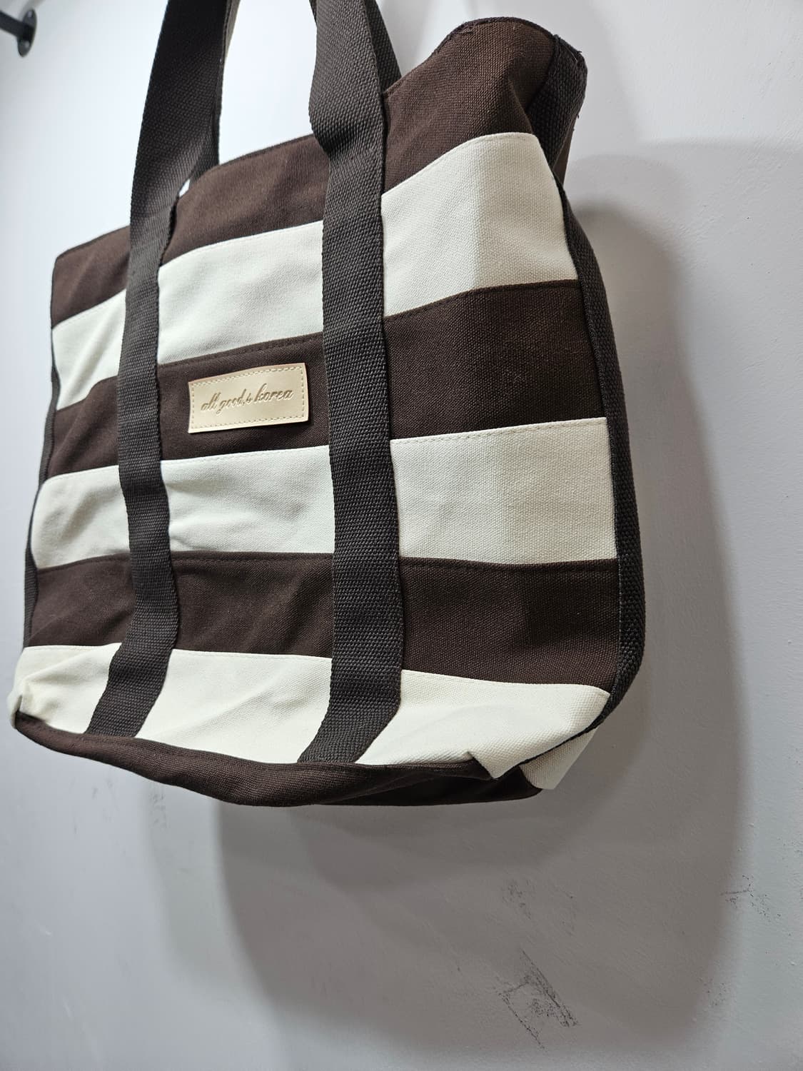 베이지/브라운 스트라이프 캔버스 토드백(에코백) 상품이미지7