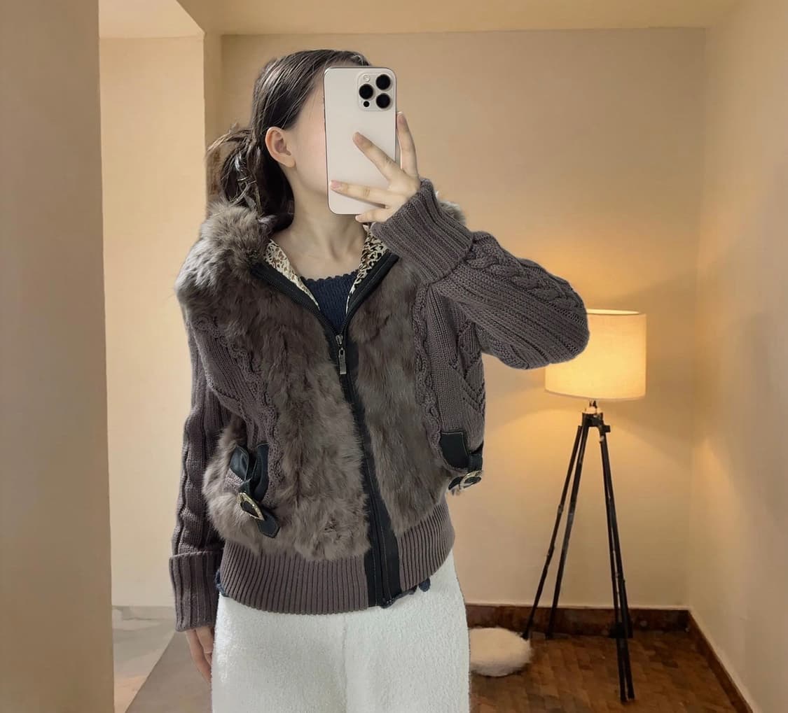 빈티지 보라 브라운 폭스 후드 꽈배기 캣츠아이 매듭  토끼털 니트자켓 상품이미지1