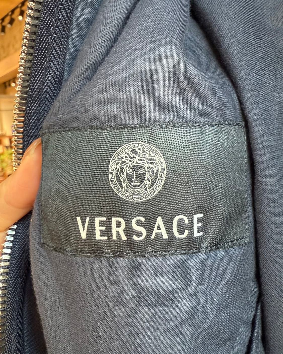 베르사체 네이비 린넨 레더 트림 블루종 자켓 상품이미지8