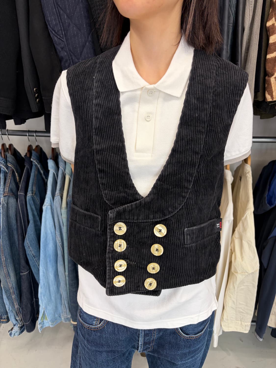Vintage 자수 포인트 코듀로이 더블 버튼 베스트  상품이미지1