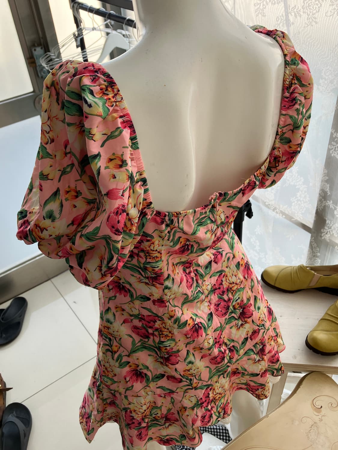 peach pink flower pattern ribbon dress 상품이미지2