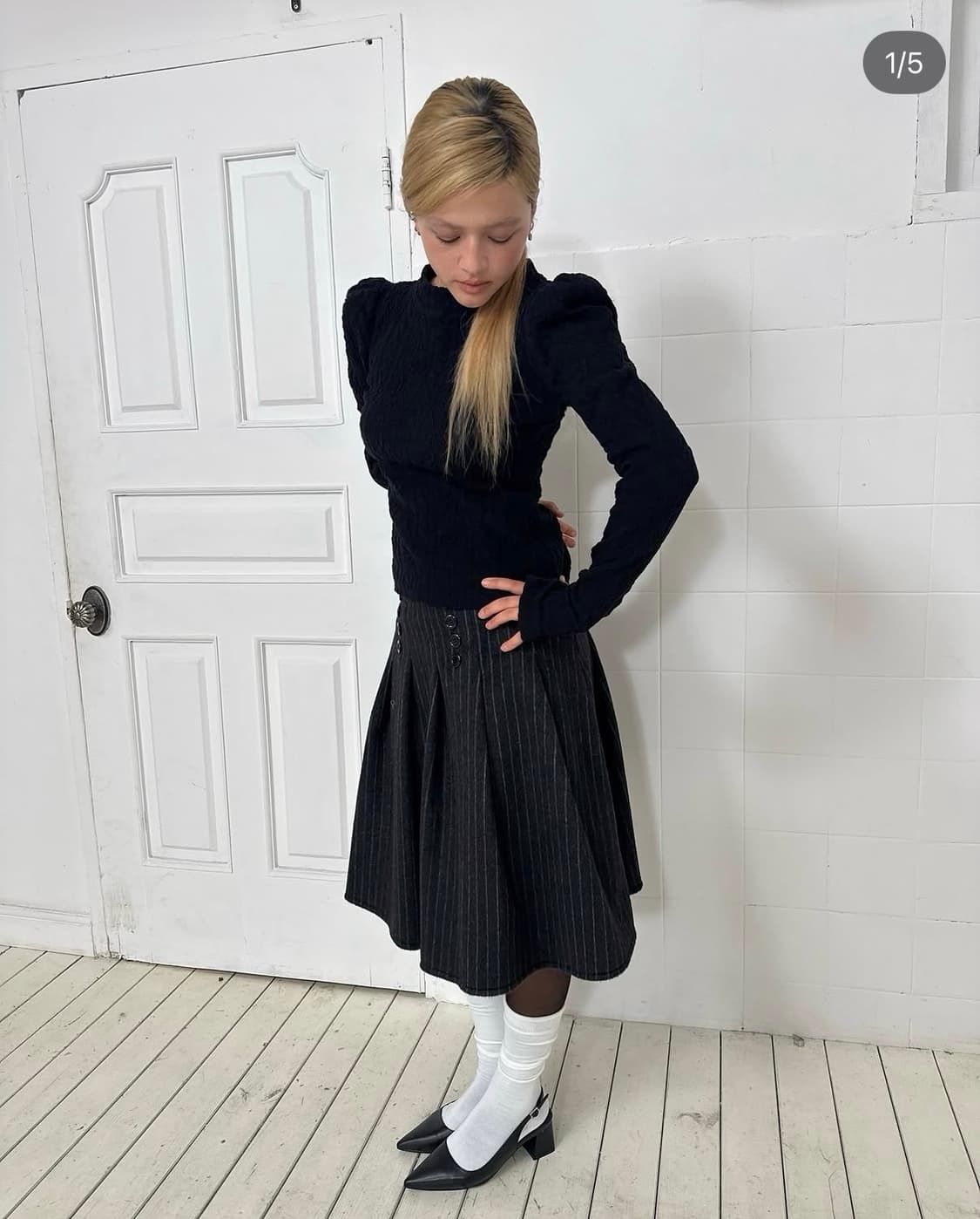 카나리 다크 그레이 울 스커트 DARK GREY WOOL STRIPE 상품이미지1