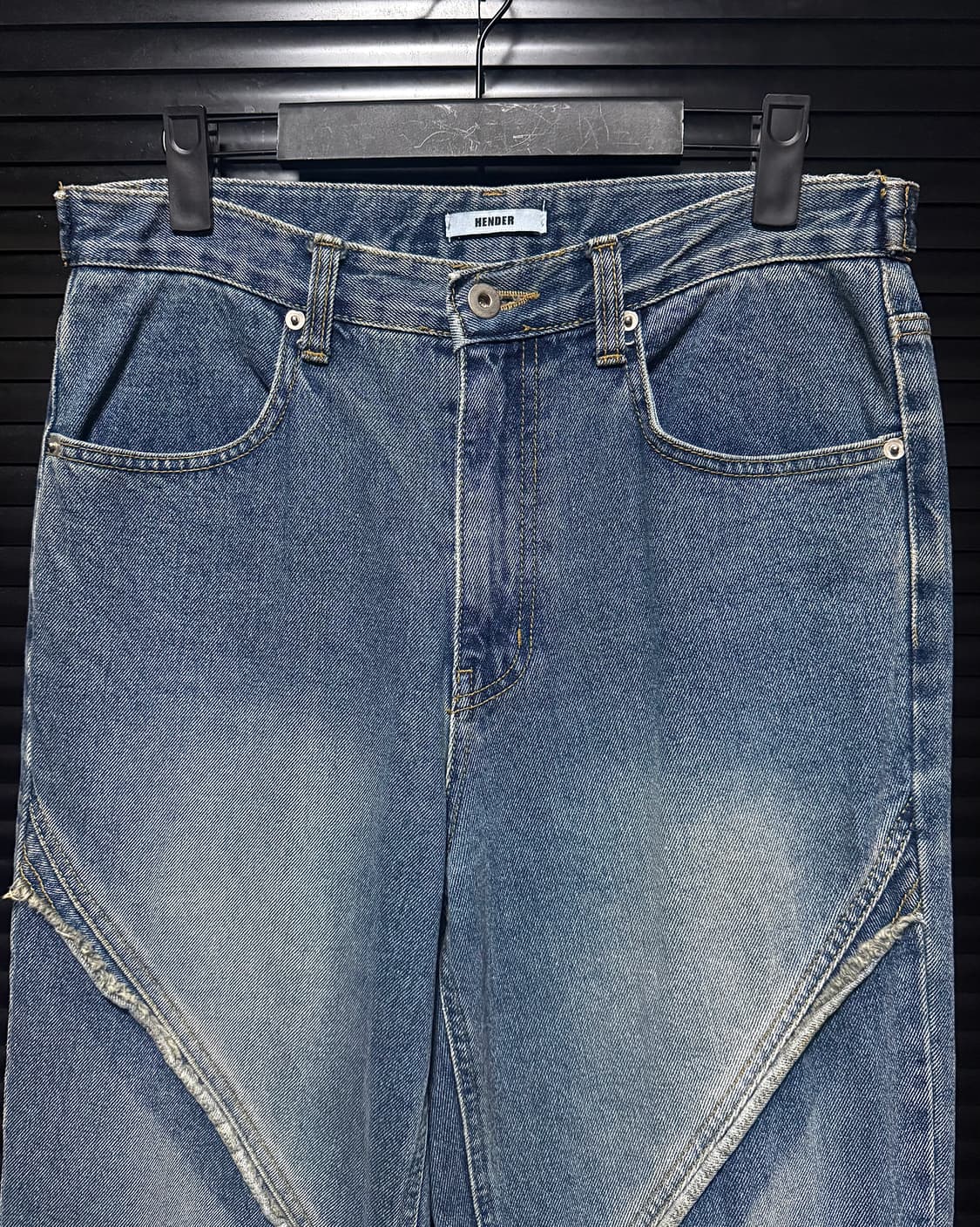 HENDER 사선 절개 중청 워싱 데님 프린지 웨스턴 29 26 일자핏 상품이미지4