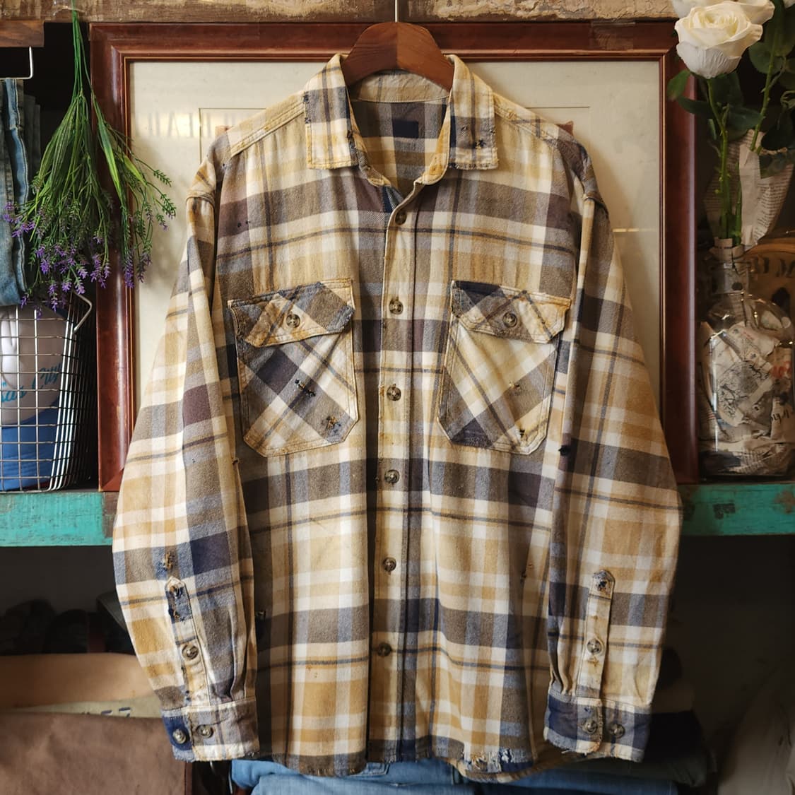 90s 빈티지 체크셔츠 헤비 플란넬 워크셔츠 썬페이딩 옐로우 L 상품이미지1