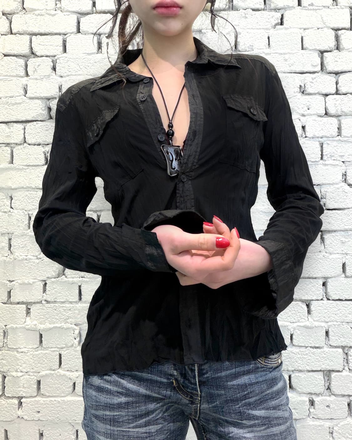 Sheer Crinkle Button-Up Shirt 상품이미지1